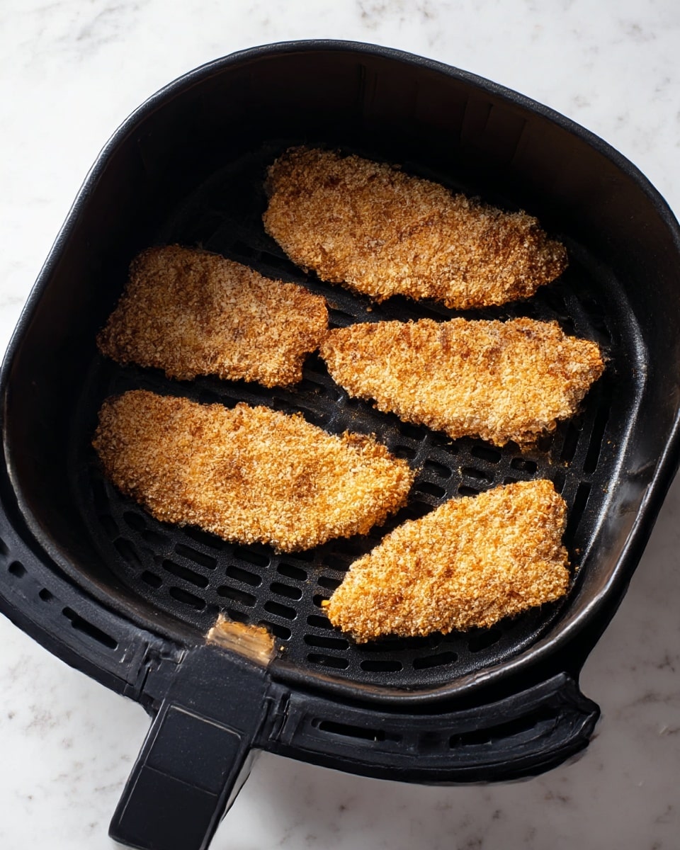 Inside a black air fryer basket, five breaded fish fillets are arranged with some space between them. The fillets have a rough, grainy coating in a light golden brown color with some darker spots. They vary in size, with the largest placed at the top left and the smallest near the bottom center. The basket’s textured bottom features small holes and lines that add to the overall pattern, and a black handle extends outward in the foreground. The whole scene sits on a white marbled surface. photo taken with an iphone --ar 4:5 --v 7
