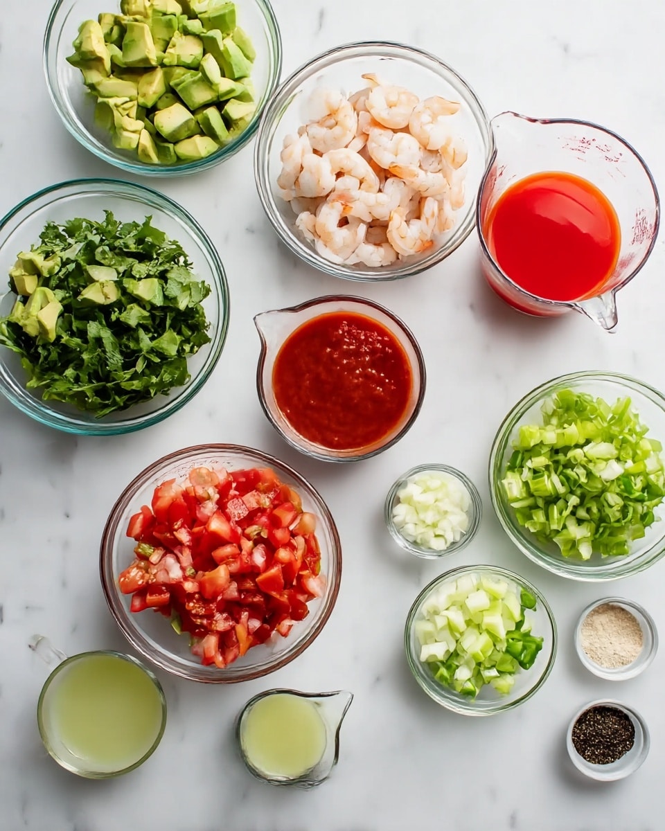 The image shows eleven clear glass bowls arranged on a white marbled surface in a loose grid pattern. The top row has three bowls: the left bowl contains chopped green avocado pieces, the middle bowl holds small cooked shrimp with a pale pink and white color, and the right bowl is a measuring cup filled with bright red liquid. Below the shrimp bowl are fresh green leafy herbs in a smaller bowl. To the right of the herbs is a bowl of finely chopped green cucumbers, with a smaller bowl of chopped green chili to the right. Below the avocado bowl is a bowl with diced red tomatoes, and to its right is a smaller bowl with light green chopped celery. Near the bottom center is a small measuring cup holding a pale yellow-green liquid. To the right side, close to the bottom, is a bowl with thick, red ketchup-like sauce and to its right a small bowl with black pepper seasoning beside a bowl of finely chopped white onions. A small bowl of red sauce sits at the lower left corner of the group. photo taken with an iphone --ar 4:5 --v 7