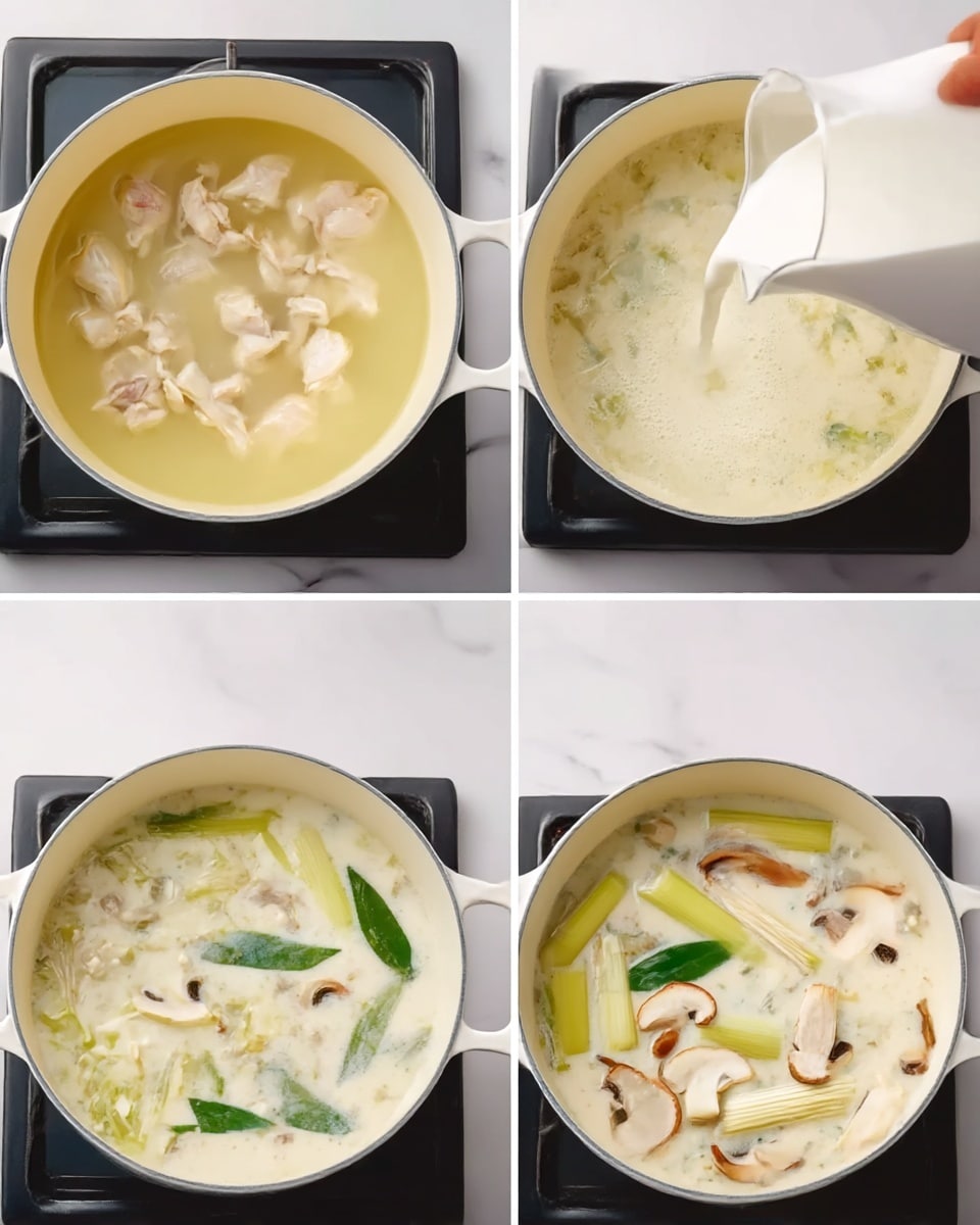 The image shows four steps of cooking soup in a white pot on a stove with a white marbled background. In the first step, small white chicken pieces are floating in light yellow broth in the pot. The second step shows a white liquid being poured from a white jug into the pot, mixing with the broth and chicken. The third step has the pot filled with a creamy white soup base, with green leaves and light yellow stalks floating on top. The last step shows the creamy soup now containing thin white and light brown mushroom slices arranged across the surface alongside the green leaves and stalks. Each step's pot contents change clearly in color and texture, showing the cooking process. Photo taken with an iphone --ar 4:5 --v 7