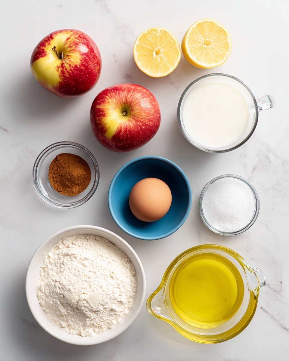 The image shows a top-down view of ingredients for a recipe arranged neatly on a white marbled surface. There are two whole red apples with yellow patches placed in the upper middle area next to half a lemon on the top left. To the right, there is a clear glass cup filled with white milk. Below the apples is a small blue bowl holding one brown egg. Nearby, a small glass jar contains brown cinnamon powder. In the lower left corner, another blue bowl is filled with white sugar, and to its right sits a white bowl with white flour. At the bottom right, there is a clear glass measuring cup filled with yellow oil. Each ingredient is labeled clearly in black text on white rectangles placed above or near them. The photo taken with an iphone --ar 4:5 --v 7