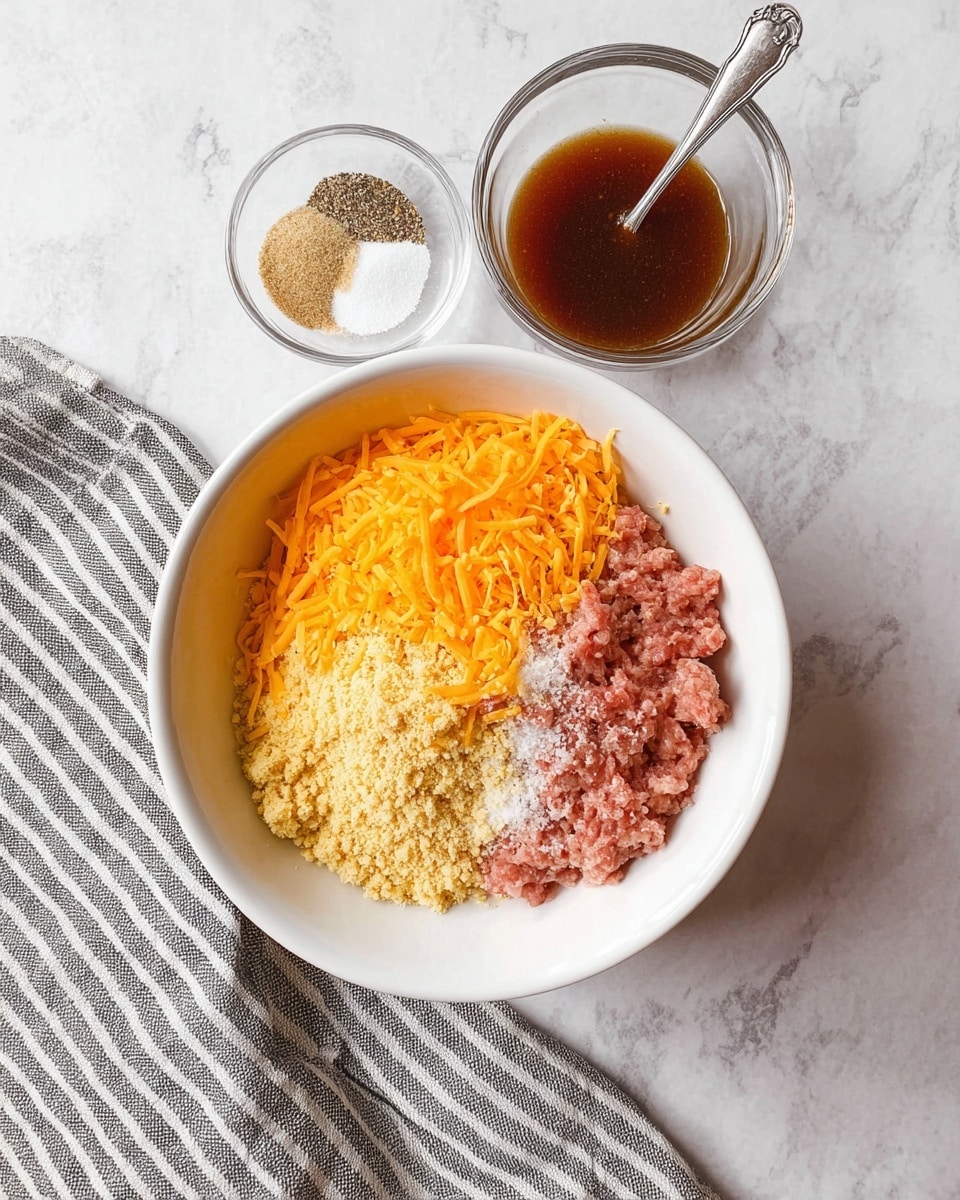 The image shows a white bowl filled with several separate ingredients ready to be mixed. In the bowl, there is a bright orange layer of shredded cheddar cheese covering almost half of the space, next to a large light yellow crumbly layer that looks like breadcrumbs. On the right side, there is raw ground meat with a light pink color, topped with small piles of white granulated salt, black pepper, and a beige powder seasoning. Next to the bowl, there is a clear glass bowl with a dark brown liquid sauce and a metal spoon inside. The bowl and glass sit on a white marbled surface with a gray and white striped cloth napkin partially under the bowl. Photo taken with an iphone --ar 4:5 --v 7