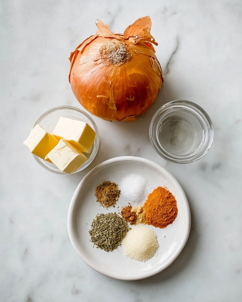 A round brown onion with dry orange skin, partially peeling at the top, sits on a white marbled surface. To its right, a small clear glass bowl holds two small blocks of pale yellow butter. Below, a white plate displays five small piles of spices arranged in a circle: coarse white salt, crushed black pepper, orange spice powder, green dried herbs, and a light cream powder. The setup is simple and clean with bright natural light, all on a white marbled background photo taken with an iphone --ar 4:5 --v 7