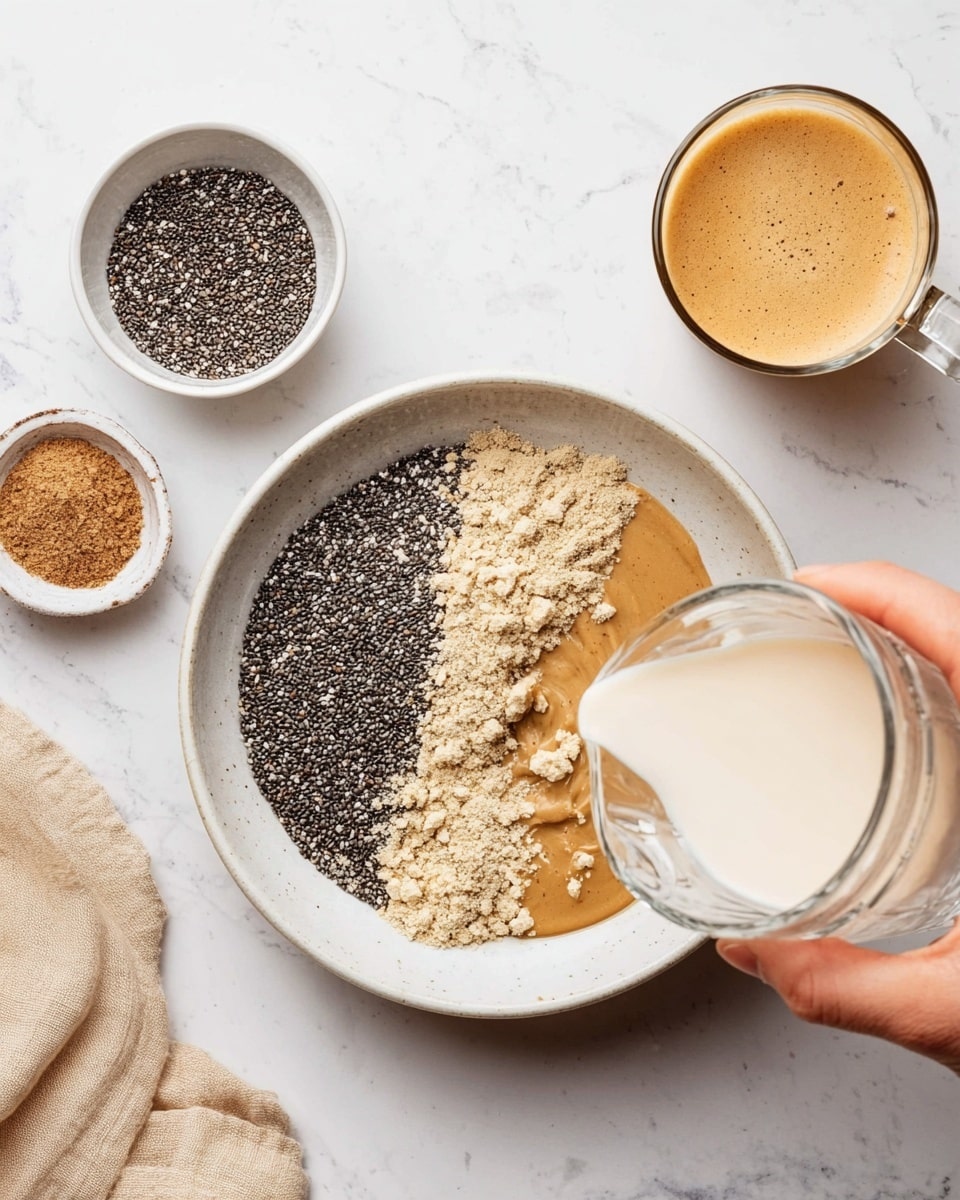 A white bowl sits on a white marbled surface, filled with three main layers: light beige powder on the right side, dark small chia seeds on the left side, and a thick caramel-colored liquid beneath them. A woman's hand pours white milk from a glass cup into the bowl on the bottom right. Nearby, there is a white bowl with black chia seeds on the top left, and another white bowl with brown powder below it. A beige cloth napkin is placed on the lower left next to the bowls. A clear glass cup filled with light brown frothy coffee is on the top right. photo taken with an iphone --ar 4:5 --v 7