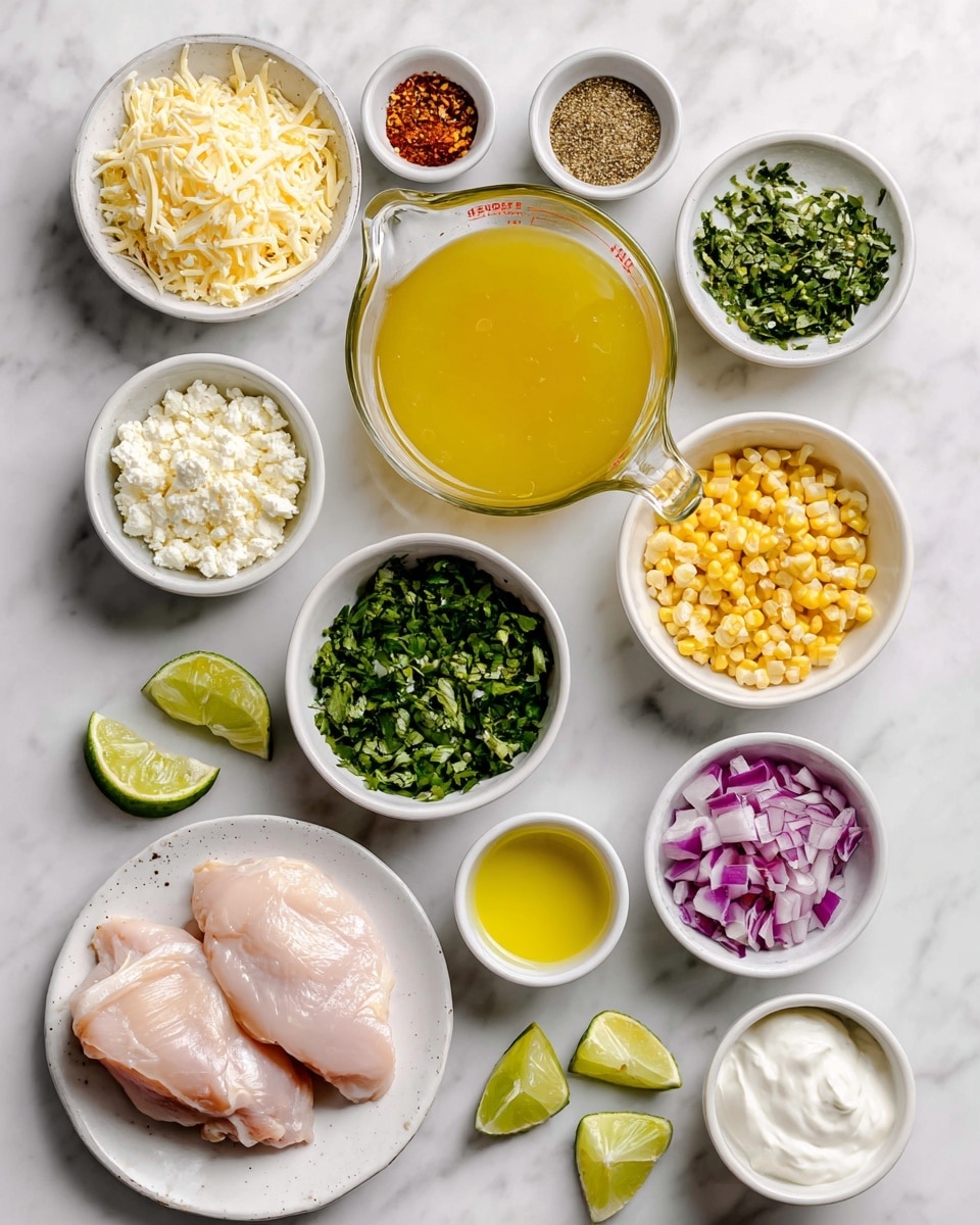 The image shows many small white bowls with different ingredients placed on a white marbled surface. In the center is a clear glass measuring cup filled with bright yellow chicken stock. Surrounding it are bowls containing finely chopped green cilantro, grated pale yellow Monterey Jack cheese, crumbled white queso fresco, chopped green jalapenos, roasted golden corn kernels, diced red onion mixed with white garlic, and a small white bowl of light yellow olive oil. There is also a small bowl with a colorful mix of spices including red chili powder, brown cumin, and white salt and pepper. At the bottom left, two light pink chicken pieces rest on a white plate. A white bowl with sour cream and another with lime wedges complete the setting. The whole arrangement is neat and visually vibrant with fresh, bright colors photo taken with an iphone --ar 4:5 --v 7