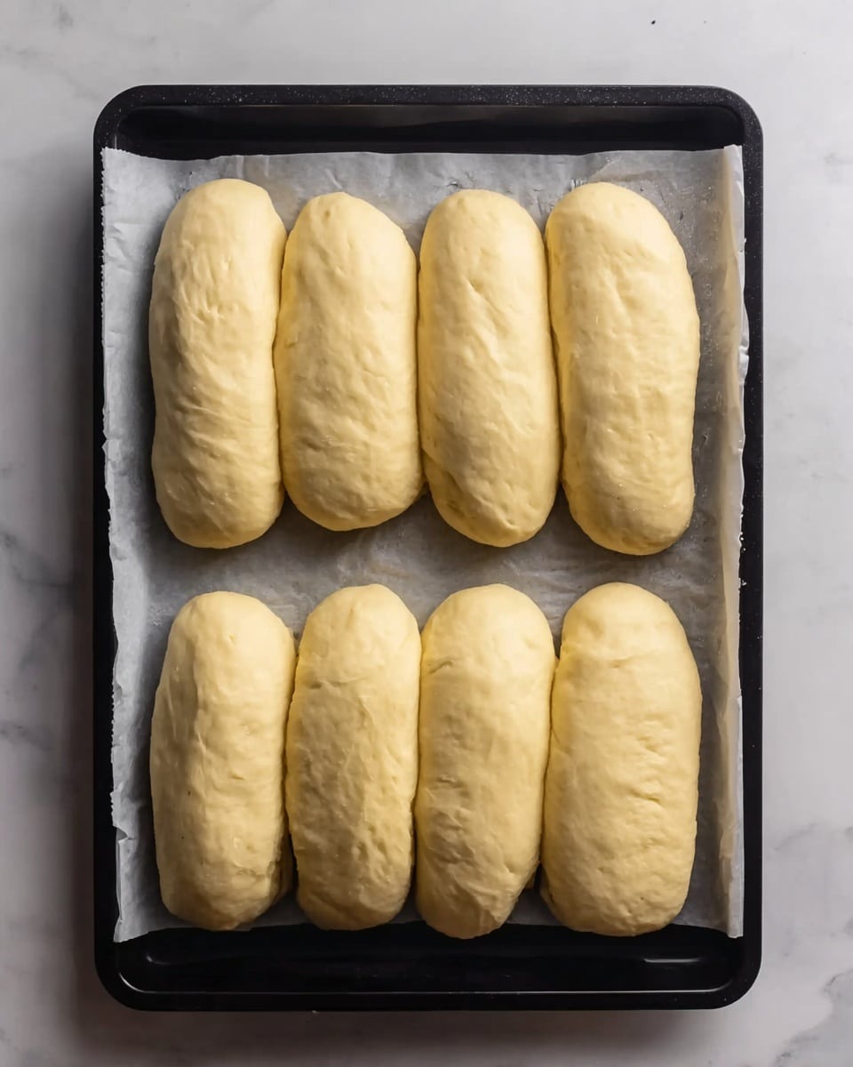 The image shows a black baking tray lined with white parchment paper on a white marbled surface. On the tray, there are six equal-sized dough pieces shaped like long, smooth rolls arranged in two neat columns of three. Each dough piece is pale yellow with a soft, slightly shiny texture. The rolls look uniform and fluffy, with signs of rising but no browning or baking yet. photo taken with an iphone --ar 4:5 --v 7