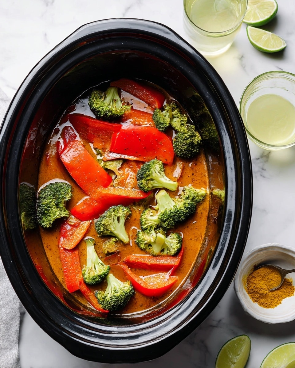 A black slow cooker holds a layered dish starting with a bottom layer of orange-brown sauce, topped with thick slices of red bell pepper and bright green broccoli florets scattered evenly on top. The slow cooker sits on a white marbled surface, with a small white bowl of yellow powder and a spoon nearby, along with a glass of light yellow liquid and two lime wedges partially visible. Photo taken with an iphone --ar 4:5 --v 7