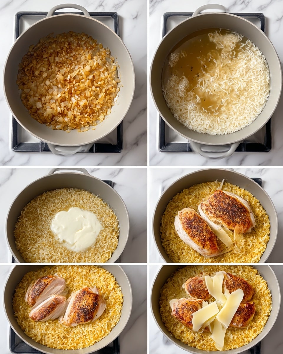 A grey pot sits on a stove with a white marbled surface underneath, showing six stages of a dish being cooked. In the first image, small chopped light brown onions with a golden hue are cooked at the bottom. The second shows uncooked white rice mixed with the onions, turning light yellow. The third image features broth poured over the rice and onions, with a liquid stage showing small bits floating. The fourth image shows the rice cooked and thickened with two white dollops of butter melting in the middle. Then, three browned chicken pieces with some black seasoning spots are placed on top, each with a grilled texture. In the final stage, the chicken is topped with thin, pale yellow slices of melted cheese, resting on the golden rice base. Photo taken with an iPhone --ar 4:5 --v 7