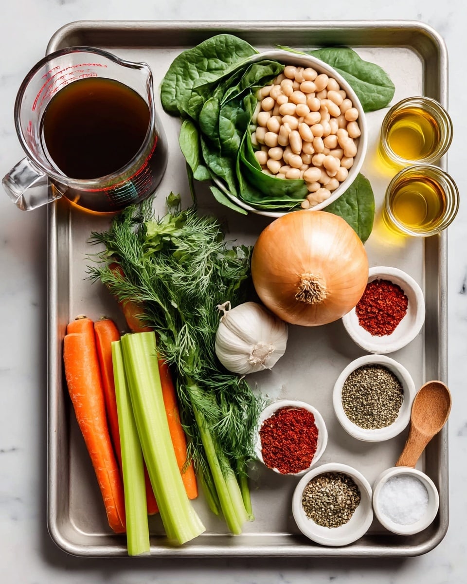 A metal tray is filled with fresh and colorful ingredients arranged neatly. On the left, there is a glass measuring cup with dark brown liquid, next to a white bowl holding light beige beans. Above the beans, a glass container holds bright green spinach leaves. In the middle, a large light brown onion with papery skin sits surrounded by green herbs, including parsley and dill, and several pale garlic cloves. Below these, there are two long orange carrots and a pale green celery stalk placed side by side. On the right side of the tray, there are small white bowls containing an assortment of spices: one has red powder, another a mix of green and red seasoning, and two have ground black pepper and salt. At the top right corner, two small clear glasses hold golden oils, and a small white bowl with a wooden spoon contains white salt. All this sits on a white marbled surface. Photo taken with an iphone --ar 4:5 --v 7