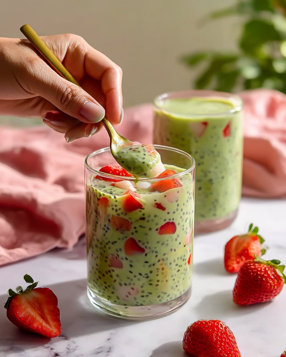 The image shows two clear glasses filled with a green, creamy drink that has small black seeds and tiny red heart-shaped pieces inside. Each glass also contains small white and red fruit chunks scattered throughout. One glass is in the front with a golden spoon held by a woman's hand, scooping up the drink and some fruit pieces. Both glasses are placed on a white marbled surface with some fresh strawberries around them. In the background, there is a blurred pink cloth and a soft green plant. The light is natural and bright, giving a fresh and inviting look to the drink. Photo taken with an iphone --ar 4:5 --v 7