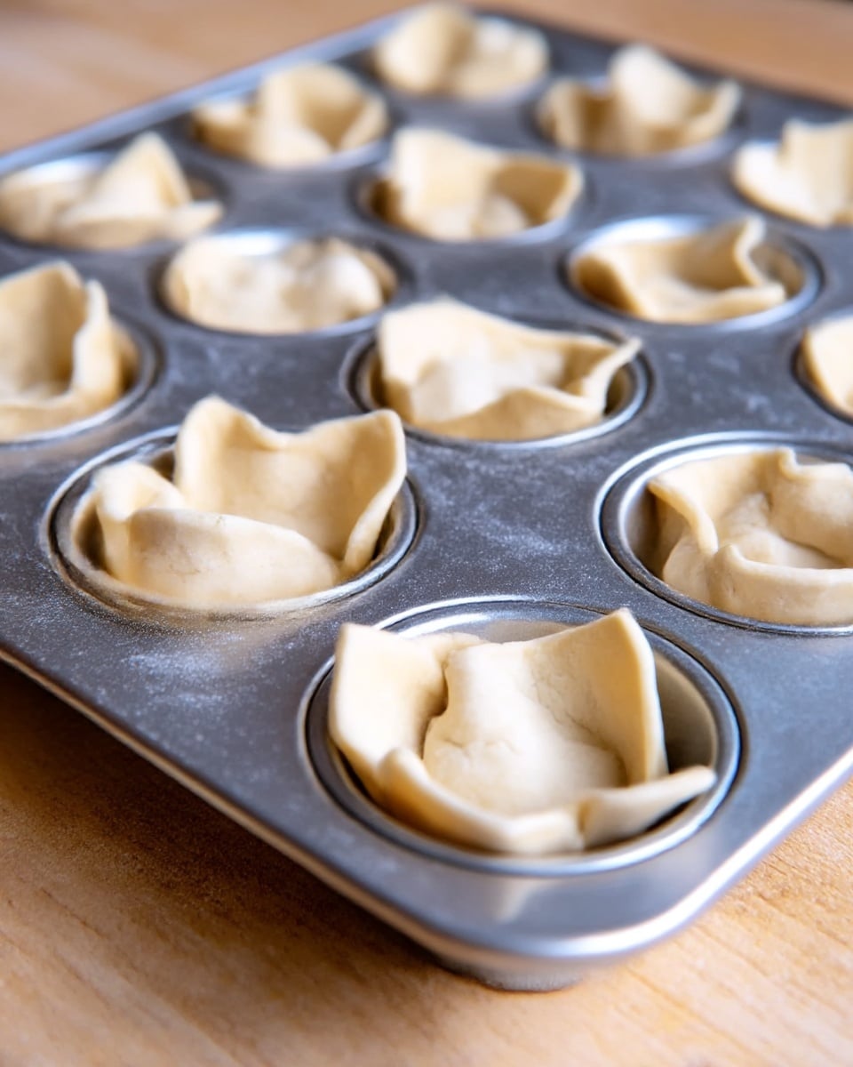 There are two silver metal baking trays filled with twelve unbaked dough cups each. The soft dough is light beige, shaped into small cups with slightly folded edges, placed inside each round cup holder of the trays. The trays rest on a light wooden surface. The dough cups have a smooth, slightly uneven texture and look soft and ready for filling. photo taken with an iphone --ar 4:5 --v 7