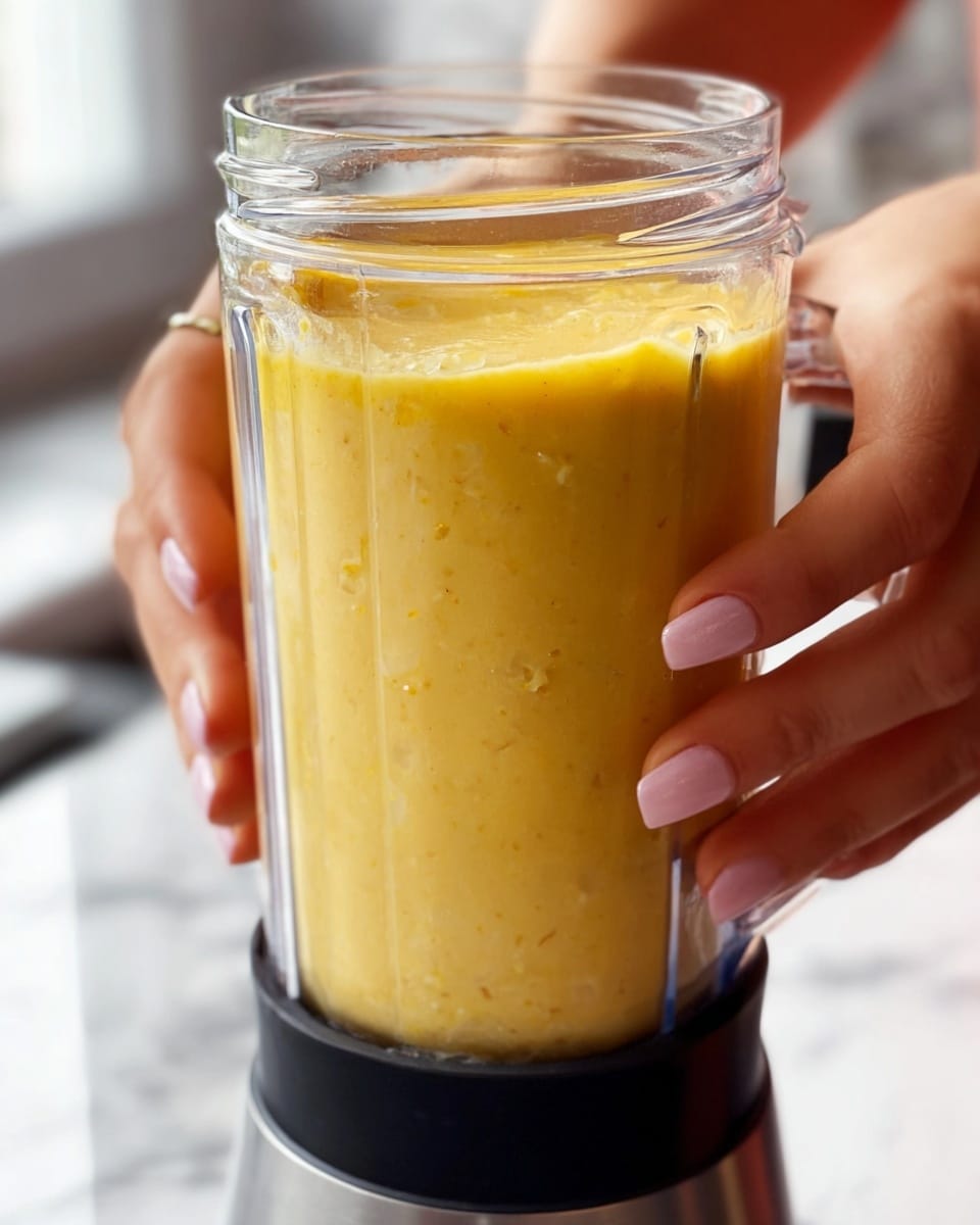 A close-up view of a clear blender jar filled with a thick yellow mixture that has small bits and smooth texture throughout. The jar sits on a black and silver blender base, and a woman's hand with light pink nail polish steadies the jar from the top, while another woman's hand supports the blender base from below. The background features a soft focus with bright natural light and a blurred white marbled surface underneath. photo taken with an iphone --ar 4:5 --v 7