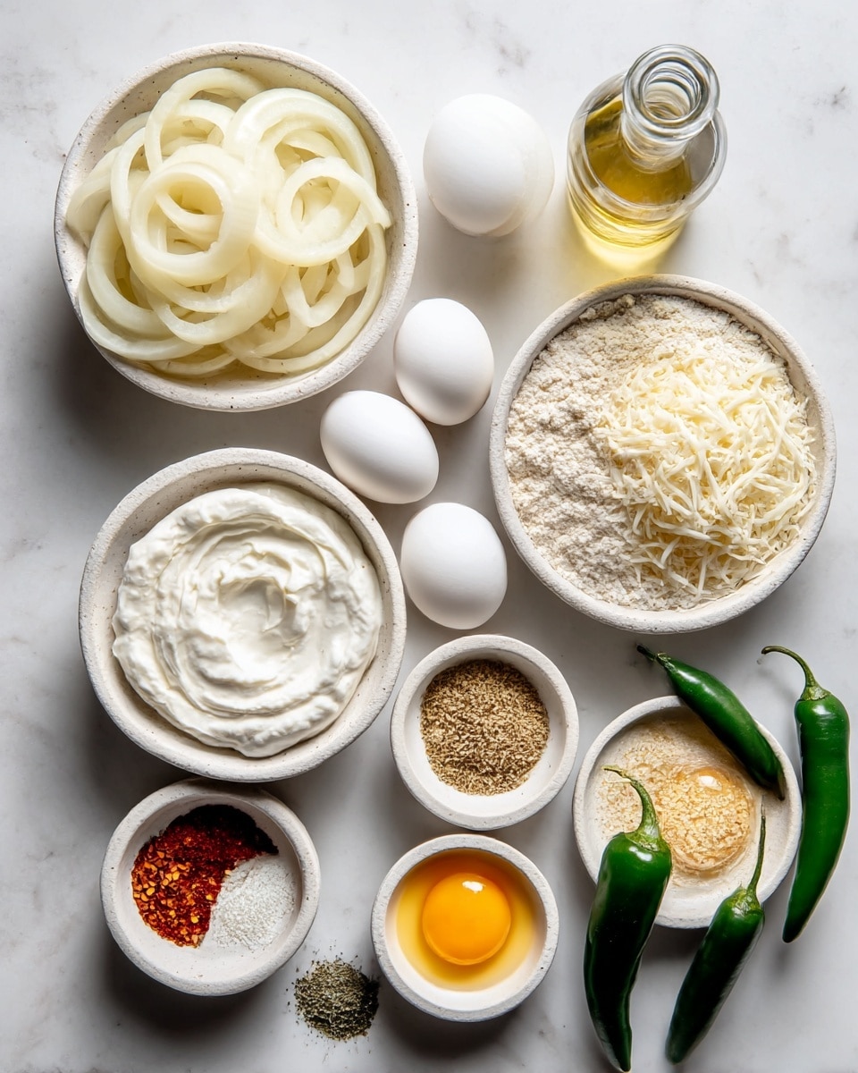 The image shows several white stone bowls arranged on a white marbled surface. On the top left, there is a bowl filled with pale white onion rings. To its right, there is a clear glass bottle with light golden oil. Below the bottle, a larger bowl holds fine white flour, and next to it on the right is another bowl containing shredded white cheese. Moving left from the flour bowl, there are three whole white eggs, and beneath the eggs, a bowl filled with thick white sour cream. In the middle bottom left, a smaller bowl holds a mix of red chili flakes and white garlic powder. Below this, there is a tiny bowl with dried herbs. To the right of the herbs, a small bowl has a bright yellow egg yolk, and above it, a similar bowl with another egg yolk. On the bottom right, a white bowl contains three bright green chili peppers. Above the peppers, another bowl holds golden brown breadcrumbs. The setup is clean and bright with natural light, emphasizing the texture and color of each ingredient, photo taken with an iphone --ar 4:5 --v 7