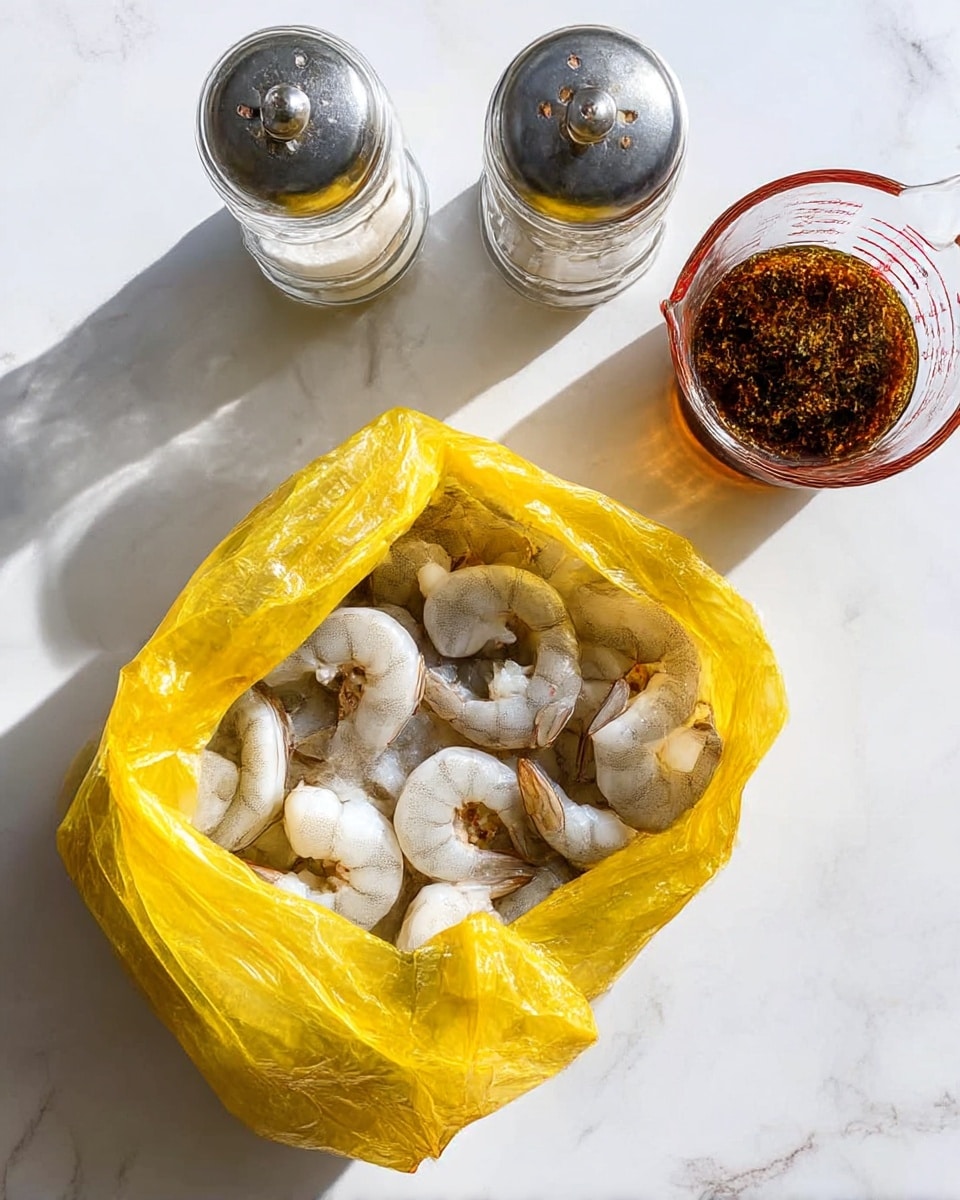The image shows a clear yellow plastic bag open with raw shrimp inside, each shrimp greyish-white with hints of light brown and curled shapes. Next to the bag on a white marbled surface are a glass salt shaker, a glass pepper shaker, and a clear glass measuring cup filled with a dark brown liquid containing herbs and spices. The image captures these items from above with soft natural light, set against a clean white marbled background. photo taken with an iphone --ar 4:5 --v 7