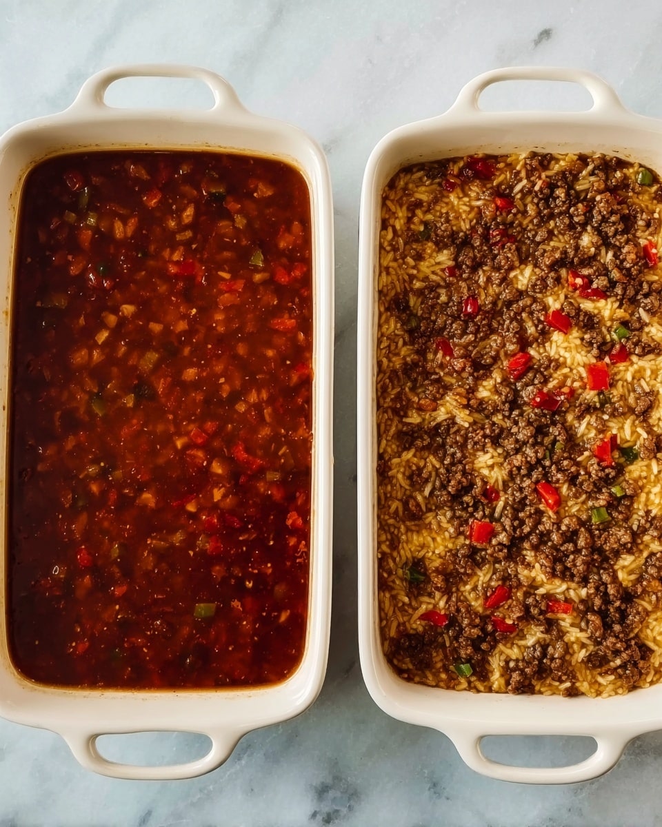 The image shows two white ceramic rectangular baking dishes filled with food on a white marbled surface. The dish on the left holds a dark red-brown liquid with pieces of diced tomatoes and ground meat visible, giving a slightly thick texture. The dish on the right contains a baked mix where the liquid has been absorbed, resulting in a layered look with cooked rice, browned ground meat, and small red and green vegetable chunks spread evenly across the top. Both dishes are simple, with no extra garnishes, and have light handles. Photo taken with an iphone --ar 4:5 --v 7