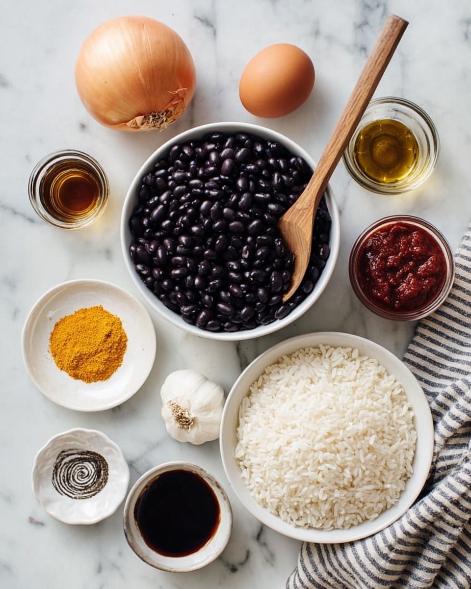The image shows ingredients neatly arranged on a white marbled surface. In the center, there is a white bowl filled with shiny black beans, with a wooden spoon resting inside. To the right of this bowl, there is another white bowl full of dry white rice on top of a folded striped cloth. Surrounding these bowls are smaller containers: a white small plate with a spiral of ground black pepper, a small bowl of yellow curry powder, a small glass bowl of dark soy sauce, and another small glass bowl with red tomato paste. A peeled yellow onion, a whole bulb of garlic, and a single brown egg are also placed on the surface. Photo taken with an iphone --ar 4:5 --v 7