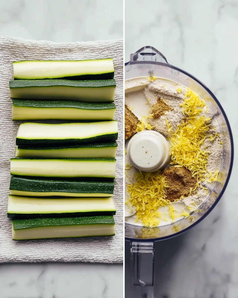 The image shows two side-by-side photos on a white marbled surface. On the left, there are 15 thin, long slices of green zucchini arranged neatly in three rows on a white textured cloth. The zucchini slices have a smooth, slightly shiny skin with pale green flesh in the center. On the right, there is a clear food processor bowl filled with several ingredients layered in a round shape. The bottom layer is white and creamy, topped with a light beige powder, some bright yellow shredded zest, and darker brown spices sprinkled on top. The food processor bowl has a blade in the middle and is placed on the same white marbled surface. photo taken with an iphone --ar 4:5 --v 7