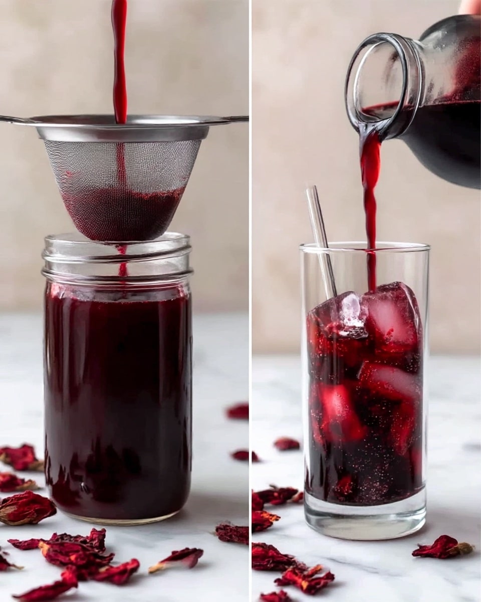 The image shows two side-by-side scenes of a deep red liquid being poured. On the left, the dark red liquid is falling through a fine mesh strainer into a clear tall glass jar, filling it up with dark red liquid that has a smooth but slightly frothy surface. On the right, the same liquid is poured from a dark container into a clear tall glass filled with large ice cubes, causing the liquid to mix with the ice and create a sparkling deep red drink with some smooth reflections and a glass straw inside. Around the glasses are dried red flower petals on a white marbled surface. photo taken with an iphone --ar 4:5 --v 7