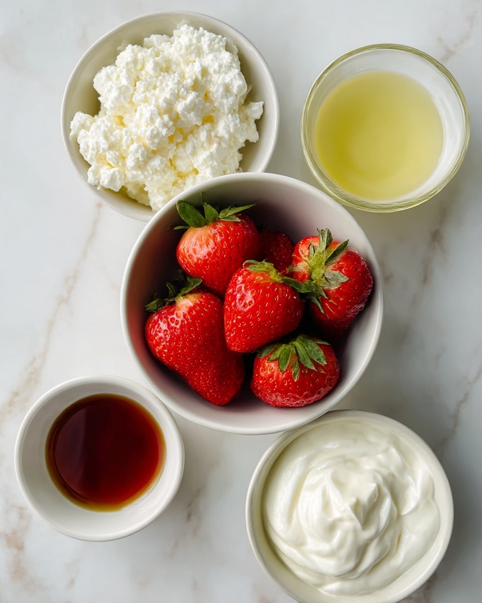 The image shows four small white bowls arranged on a white marbled surface. The central bowl contains several fresh, whole and halved strawberries with bright red skin and green leaves. To the upper left is a bowl filled with thick white cottage cheese with a slightly chunky texture. At the top center, there is a small bowl holding a light yellow liquid, likely a juice or oil. At the bottom left, a bowl contains a small amount of dark brown liquid. On the bottom right, the last bowl holds smooth, creamy white yogurt with soft peaks. photo taken with an iphone --ar 4:5 --v 7