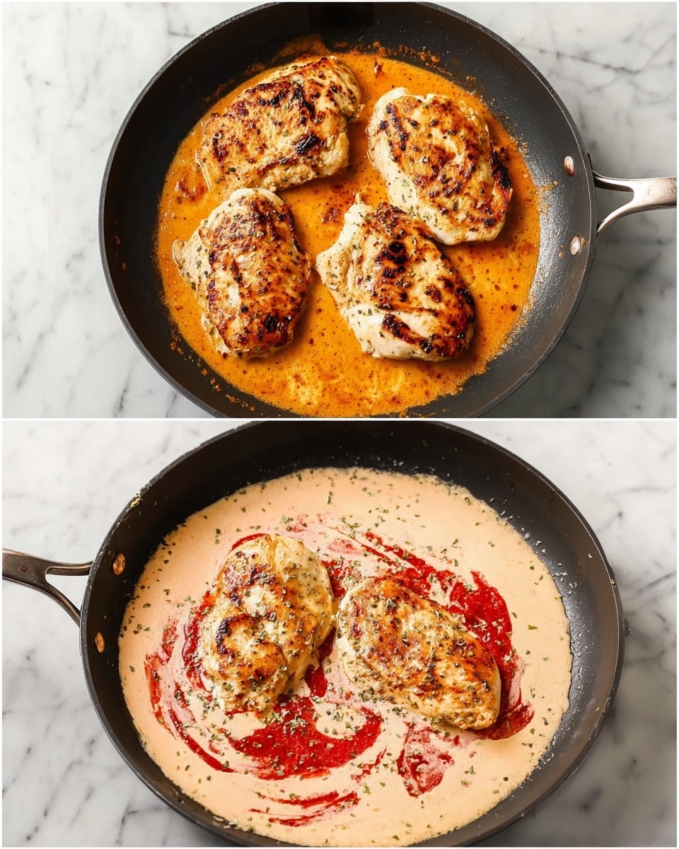 In the first image, there are four pieces of cooked chicken in a round black skillet; the chicken pieces are golden brown with some char marks, spread evenly in the pan on a white marbled surface. In the second image, the same skillet now contains a creamy sauce mixed with red tomato sauce, with the two sauces swirled together like a marbled pattern, and some sprinkled herbs visible on top, also on the white marbled surface. Photo taken with an iphone --ar 4:5 --v 7