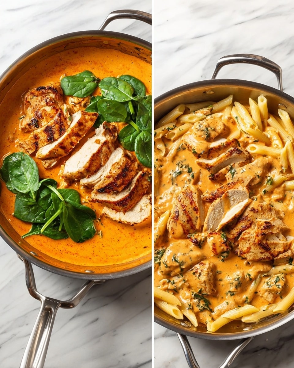 The image shows two cooking pans on a white marbled surface. The left pan has a deep orange creamy sauce filling the bottom, with grilled chicken slices placed in three separate groups on top of the sauce. Fresh green spinach leaves are also on top of the sauce, positioned near the chicken slices on the right side of the pan. The right pan has plain penne pasta lining the bottom, pale yellow in color, with more of the deep orange creamy sauce covering chicken pieces scattered on top. Small bits of green herbs can be seen mixed into the sauce. Both pans are round with handles and appear to be stainless steel or similar metal. photo taken with an iphone --ar 4:5 --v 7