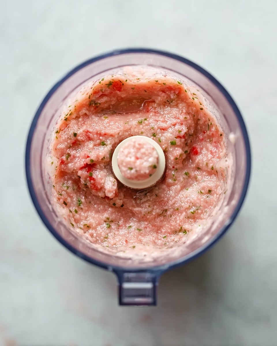 The image shows a top view of a blender filled with a thick, chunky pinkish mixture that has visible small bits of herbs and vegetables, creating a textured look. The blender is placed on a white marbled surface, and the mixture is nearly filling the container, surrounding the blender’s blade in the center. The liquid part of the mixture adds a slight shine, and the colors are mainly soft pink with specks of green and red. Photo taken with an iphone --ar 4:5 --v 7