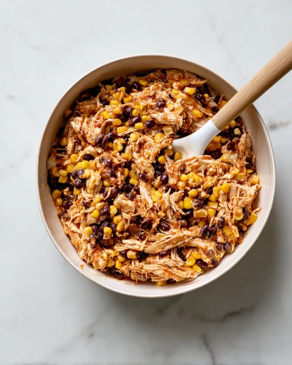 A white bowl filled with a mix of shredded light brown chicken, yellow corn kernels, and dark black beans, all combined with a reddish sauce that lightly coats the ingredients. A wooden spoon with a white head rests inside the bowl, positioned diagonally from the bottom left to the center. The bowl sits on a white marbled surface, making the colors of the food stand out well. photo taken with an iphone --ar 4:5 --v 7