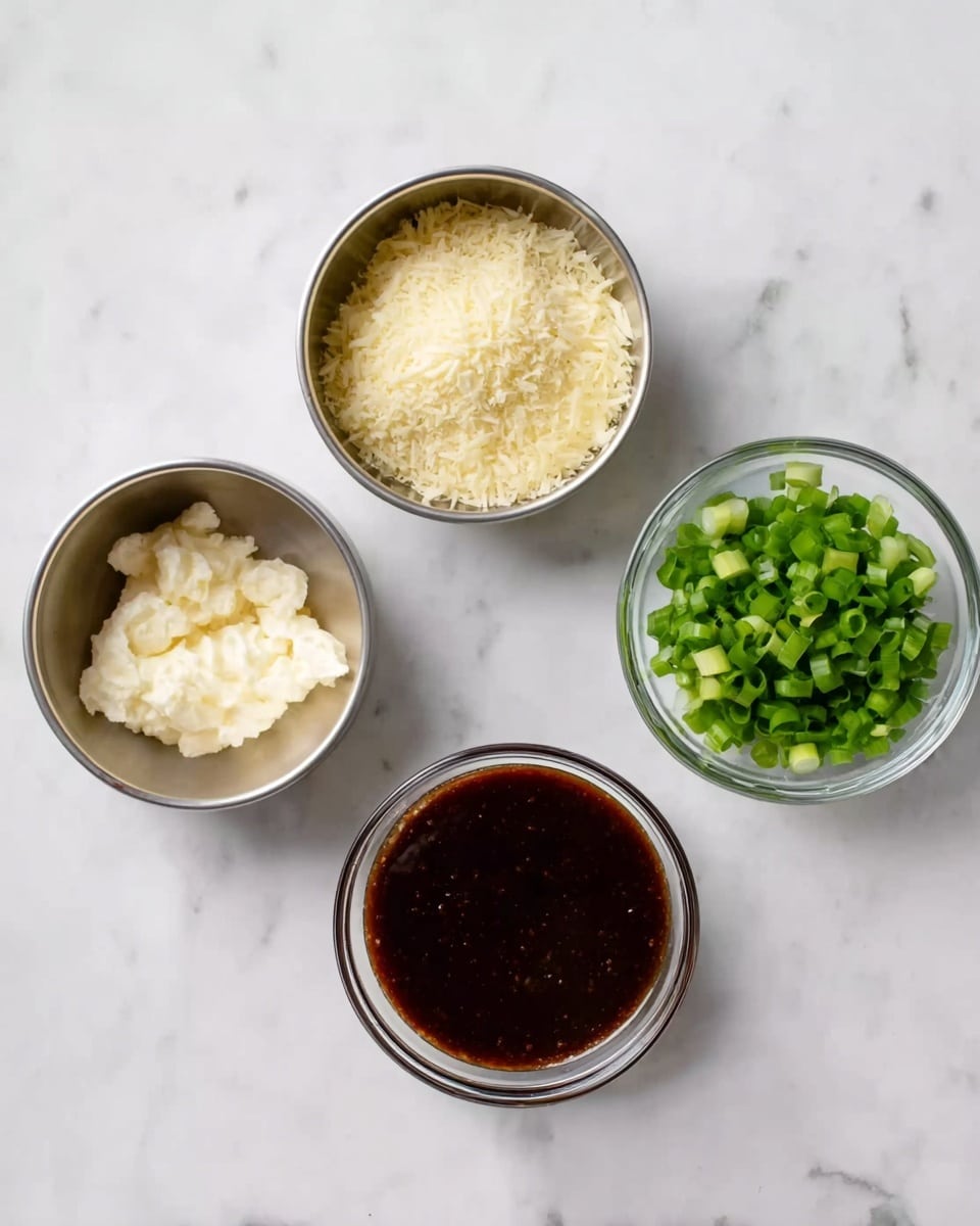 The image shows five small bowls arranged on a white marbled surface. At the top right, there is a small clear glass bowl filled with bright green sliced scallions. Below it, a metal bowl holds pale yellow finely grated cheese. To the left, another metal bowl contains finely chopped white garlic. At the top left, a metal bowl with a creamy white spread, likely mayonnaise or butter. In the center, a clear glass bowl filled with a dark brown liquid sauce, smooth and glossy on the surface. The bowls are spaced evenly and neatly placed as if ready for cooking. Photo taken with an iphone --ar 4:5 --v 7