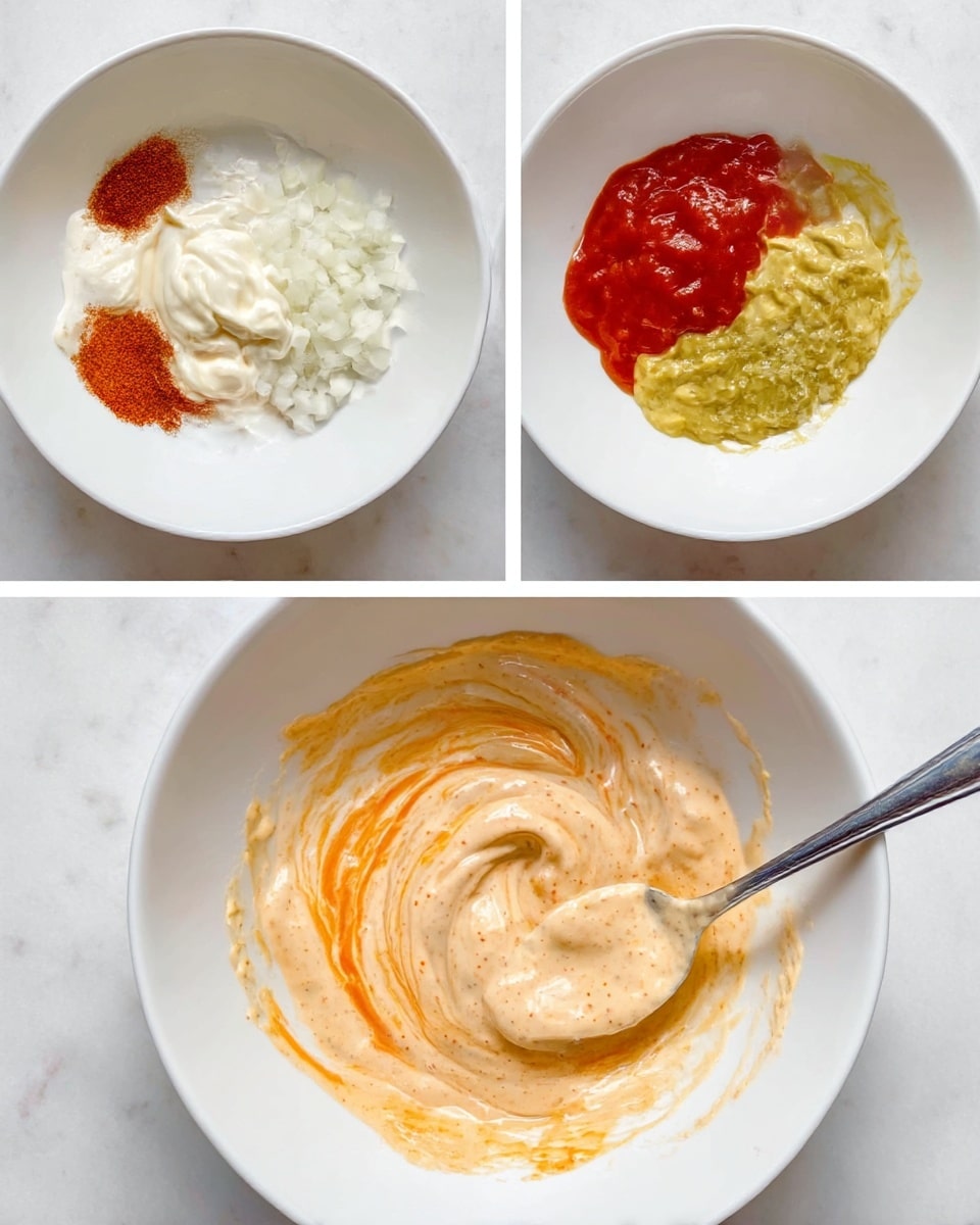 In a white bowl on a white marbled surface, the first image shows seven separate ingredients arranged in a roughly circular pattern: creamy white mayonnaise on the left, finely chopped white onions at the top, bright red ketchup to the right, yellow mustard below the ketchup, green relish below the mustard, reddish paprika powder to the bottom left, and a hint of white garlic powder near the bottom edge. In the second image, the ingredients are partially mixed together in the bowl, creating swirls of creamy white, red, yellow, green, and orange colors that blend but still show distinct layers as a silver spoon stirs them. The third image shows the sauce fully mixed, smooth and creamy, with a light orange color speckled with darker seasoning bits, and the spoon coated with the sauce inside the bowl. Photo taken with an iphone --ar 4:5 --v 7