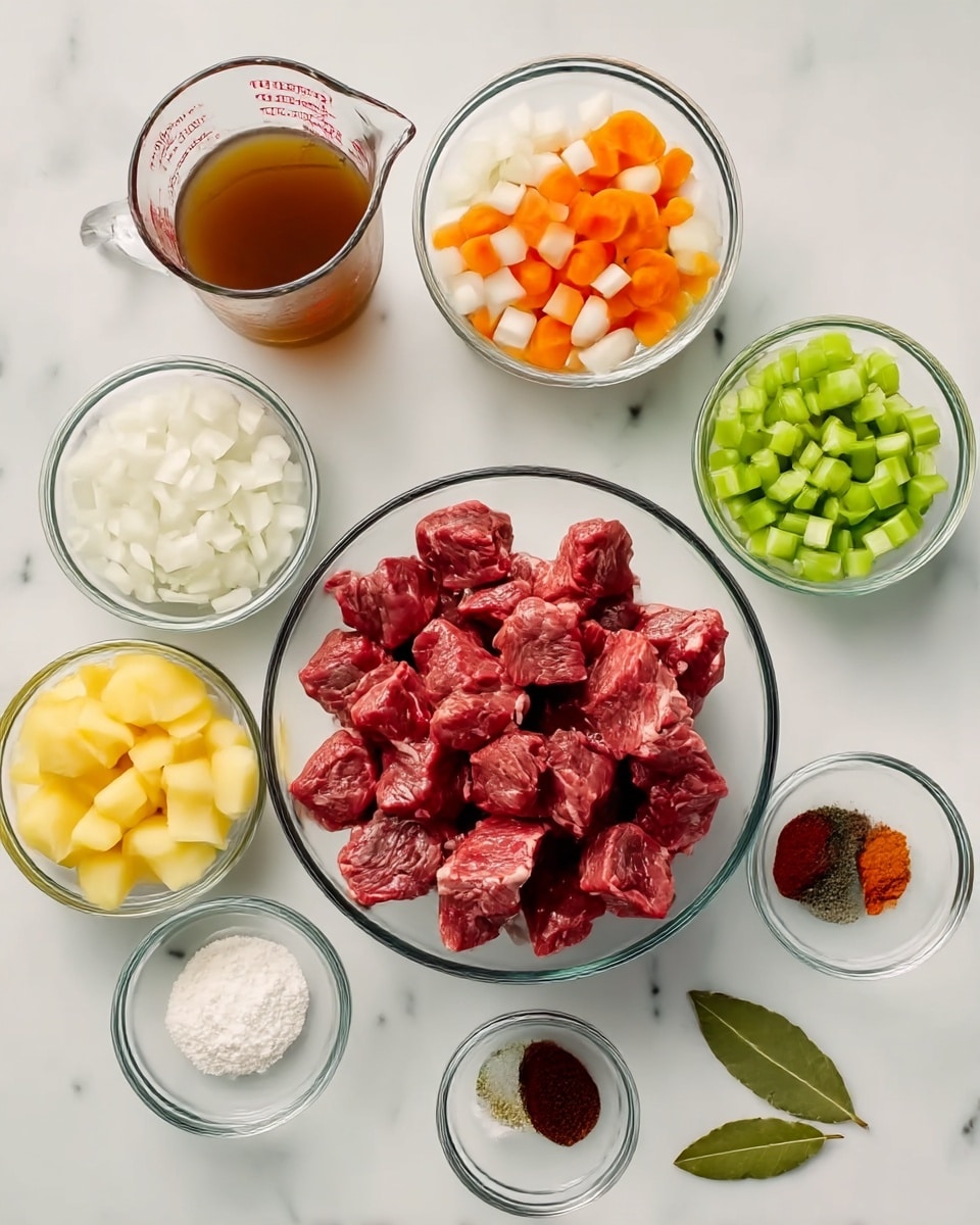 The image shows several clear glass bowls arranged on a white marbled surface, each filled with different ingredients for cooking. In the center, a large bowl holds red raw beef chunks. Around it are smaller bowls with diced white onions, sliced orange carrots, chopped green celery, and cubed yellow potatoes. There is also a glass measuring cup with brown liquid, likely broth. Small bowls contain white flour, minced garlic, salt, black pepper, dark soy sauce, red paprika powder, and a single bay leaf. The ingredients are neatly set in a flat lay style with even lighting. photo taken with an iphone --ar 4:5 --v 7