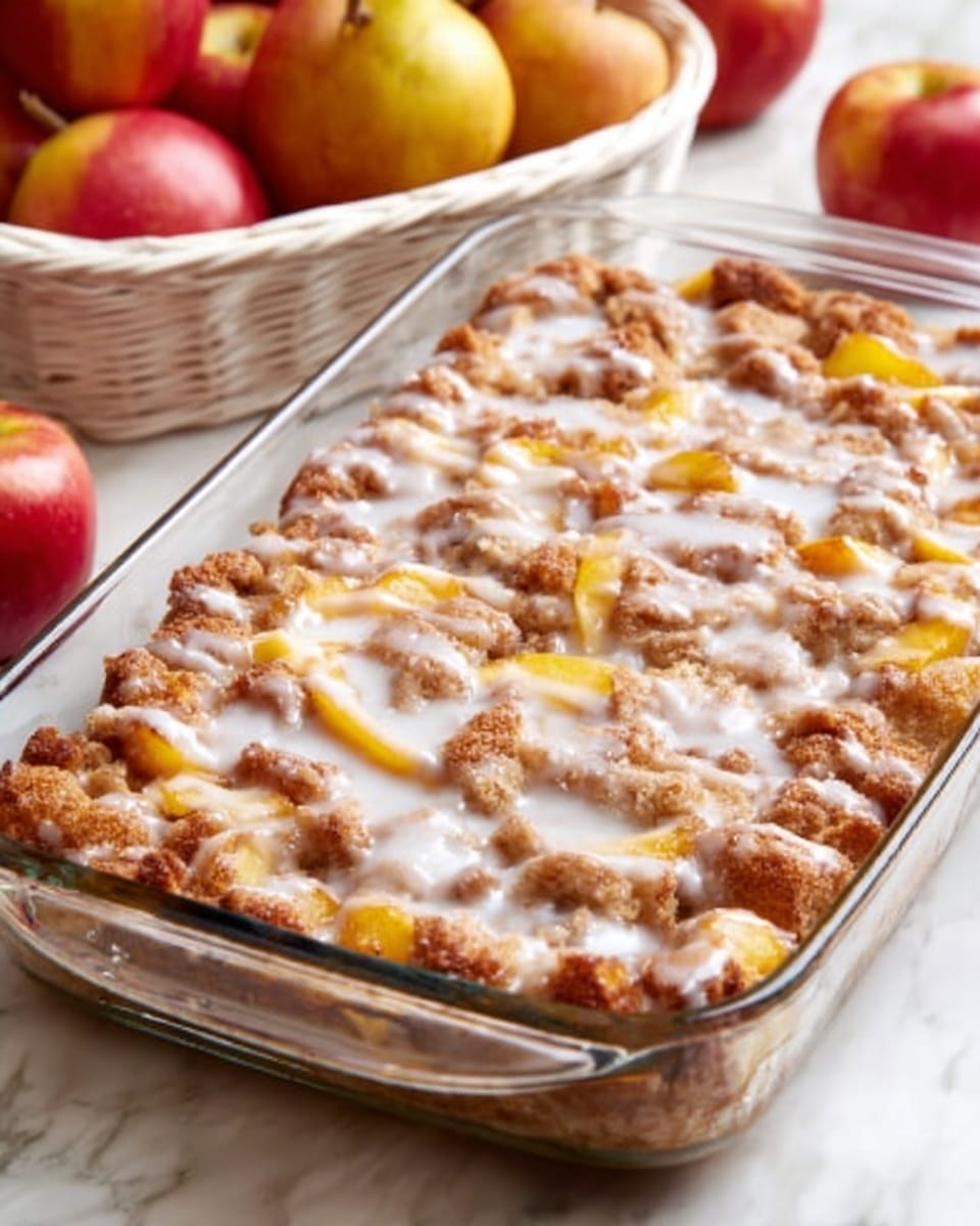 A rectangular clear glass baking dish filled with a dessert featuring a top layer of small golden brown baked pieces mixed with peach slices, covered by a thin white glaze that shines slightly, sitting on a white marbled surface. Nearby, there is a white basket filled with red apples and two whole apples placed in the background, creating a warm and inviting scene. The dish shows a textured, uneven surface from the baked topping and fruit underneath. photo taken with an iphone --ar 4:5 --v 7