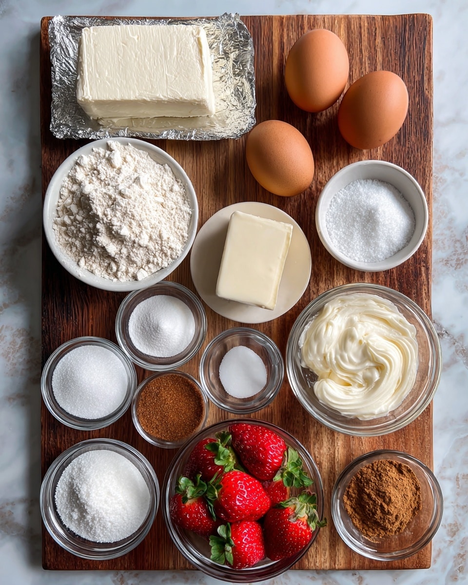The image shows various ingredients arranged neatly on a wooden surface. At the top left is a silver block of cream cheese, beside it on the right is a bowl of white flour. Below the cream cheese is a small white bowl filled with granulated sugar. Two brown eggs sit near the center, next to a white rectangular block of butter. To the right of the butter is a clear bowl of bright red strawberries with green leaves. Below the strawberries is a small bowl of brown sugar, and beside it a small bowl of powdered sugar. On the left side, below the granulated sugar, are smaller clear bowls containing white baking powder, baking soda, salt, cinnamon spice, vanilla liquid, and sour cream with a creamy texture in the center. The background is a white marbled texture. photo taken with an iphone --ar 4:5 --v 7