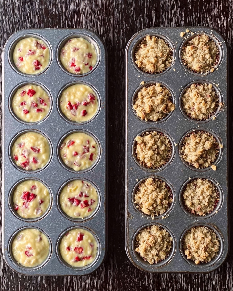 The image shows two side-by-side metal muffin pans each holding 12 muffins. The left pan contains raw muffin batter with small red fruit pieces mixed in, filling each mold almost to the top, with a pale yellow color and smooth texture. The right pan has the same batter but topped with a crumbly brown topping that looks coarse and uneven, covering the batter completely in each muffin spot. Both pans sit on a dark wooden surface. photo taken with an iphone --ar 4:5 --v 7