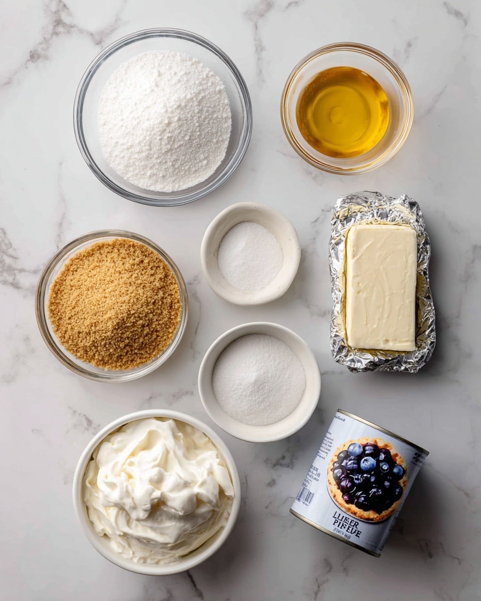 The image shows seven ingredients arranged neatly on a white marbled surface. There is a small clear glass bowl with white granulated sugar, another with golden melted butter, and a bowl filled with light brown graham cracker crumbs. Next to these is a block of cream cheese wrapped in foil, a small clear glass bowl of white powdered sugar, a white bowl filled with smooth white whipped topping, and a can of blueberry pie filling with a label showing blueberries on a pie slice. Each ingredient is labeled in black text on or near the item. photo taken with an iphone --ar 4:5 --v 7