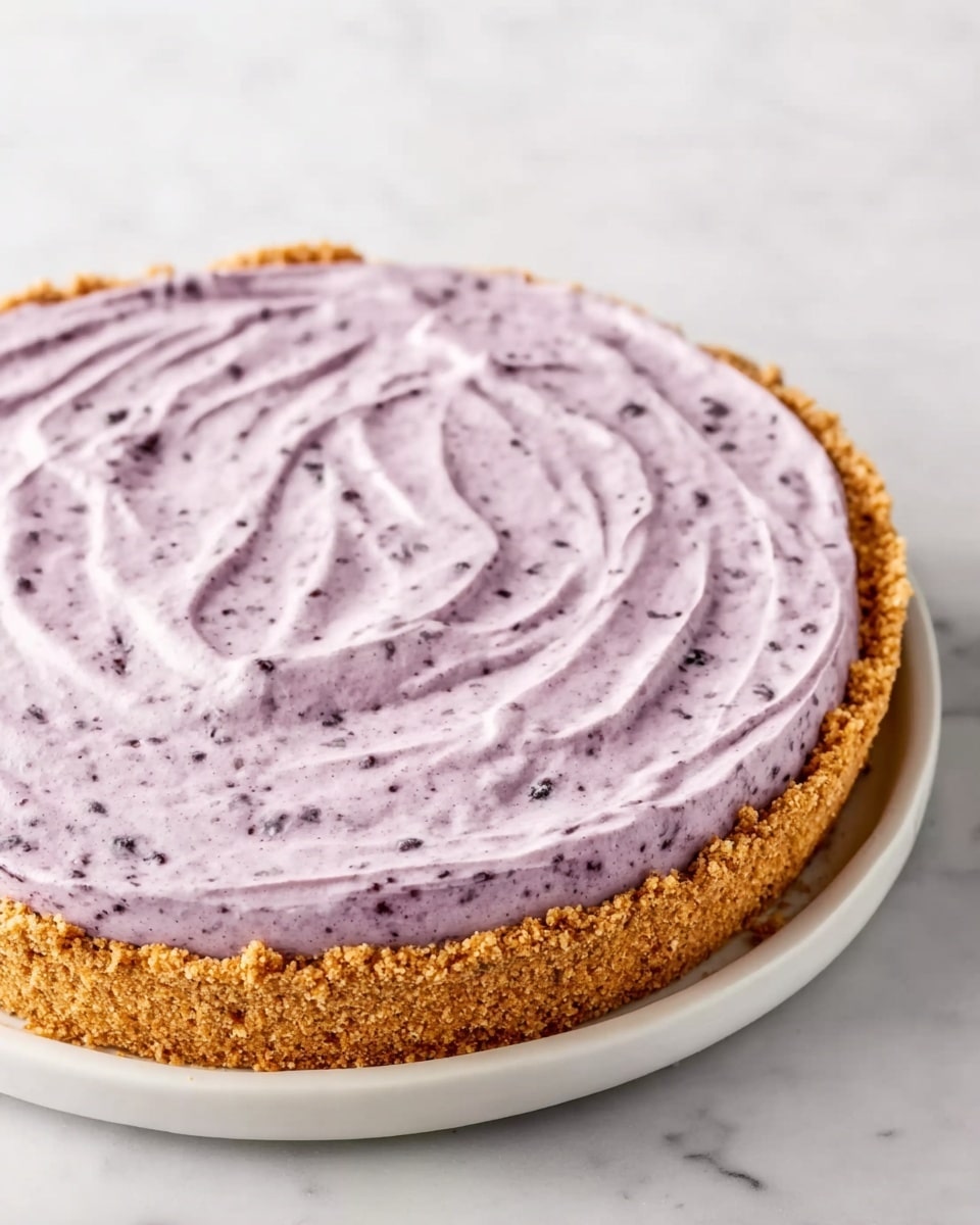 The image shows a pie with two clear layers placed on a white round plate. The bottom layer is a crumbly, light brown crust surrounding the pie's edge. The top layer is thick and creamy with a smooth, swirled texture in a light purple color flecked with small dark spots evenly spread throughout. The pie is set on a white marbled surface. photo taken with an iphone --ar 4:5 --v 7