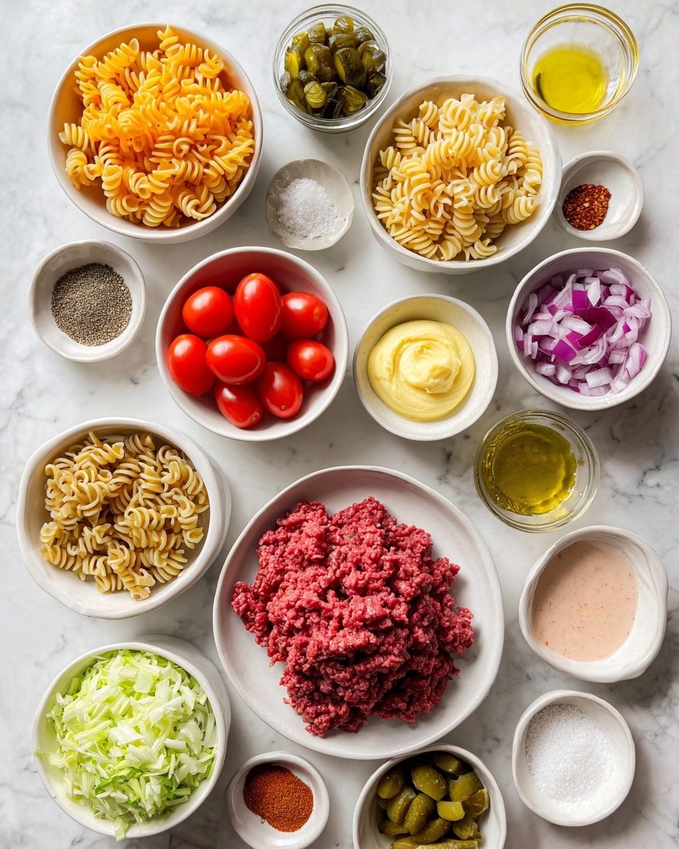 The image shows several small white bowls and a white plate arranged on a white marbled surface, each containing different ingredients. In the center, a plate holds deep red ground beef with a rough texture. Surrounding it are bowls with light tan pasta spirals, bright orange shredded cheese, vibrant red cherry tomatoes halved, and green chopped pickles. Other bowls contain finely chopped red onion, light green shredded lettuce, smooth yellow mayonnaise, and creamy pinkish French dressing. Small bowls are scattered around with fine white sugar, bright turmeric powder, garlic powder, dark red paprika, a light green relish, shiny golden olive oil, and coarse salt and pepper. The colors are vivid, and the texture of each ingredient is clearly visible as they sit neatly in their containers. Photo taken with an iphone --ar 4:5 --v 7