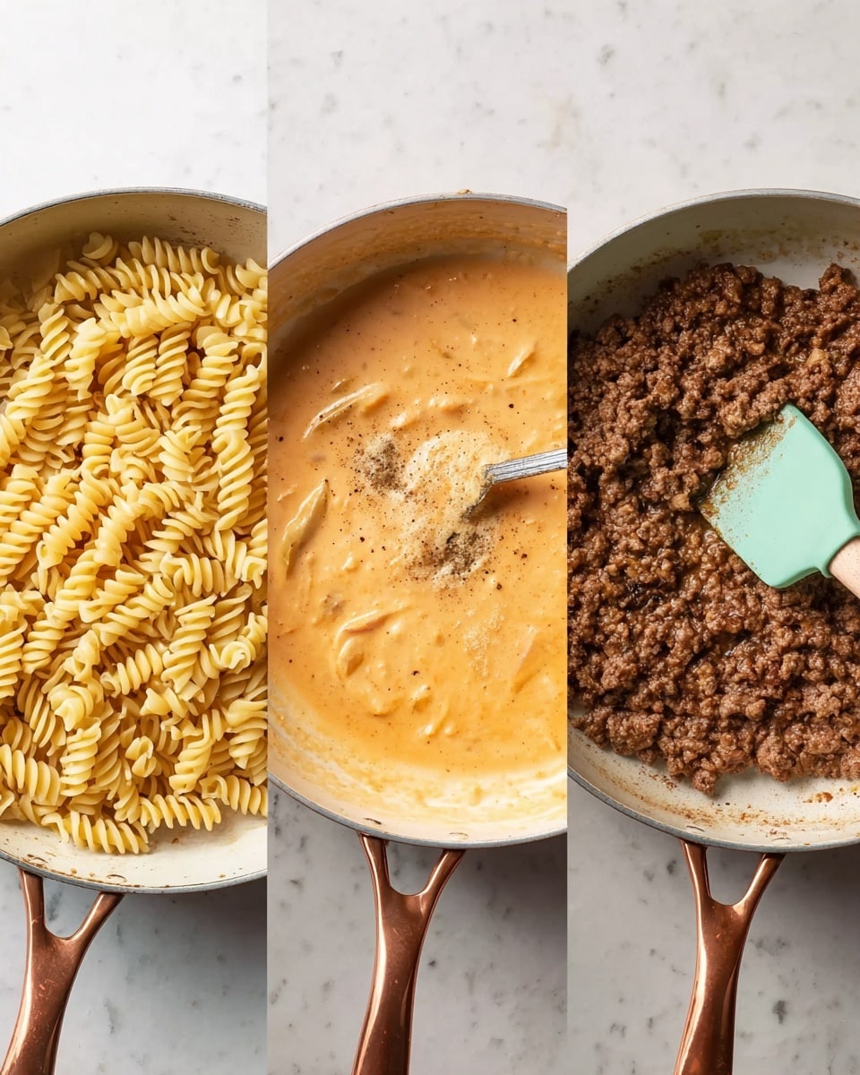 The image shows three stages of making a dish in white pans on a white marbled surface. The first pan contains cooked spiral pasta submerged in clear liquid. The second pan has a creamy, light orange sauce with visible seasoning mixed with a metal spoon resting inside. The third pan holds browned, crumbled cooked ground meat being stirred with a mint-green spatula. All pans have copper handles. photo taken with an iphone --ar 4:5 --v 7