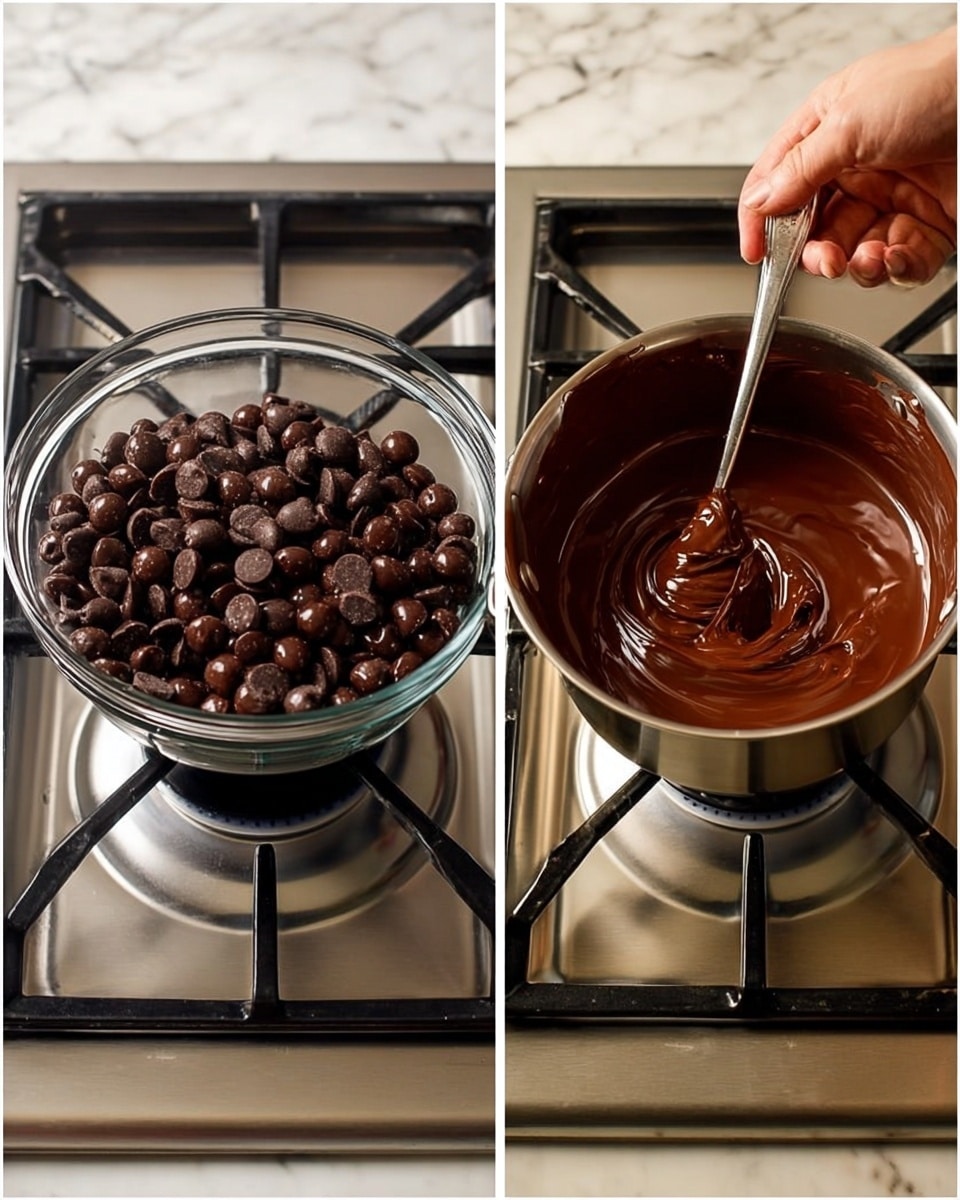 The image shows two side-by-side scenes of chocolate melting on a stove. On the left side, a clear glass bowl filled with dark chocolate pieces sits above a small pot of hot water on a silver gas stove with black grates; the chocolate pieces are shiny and round with a smooth texture. On the right side, the same glass bowl now holds thick, melted chocolate being stirred by a silver spoon held by a woman's hand; the melted chocolate is rich dark brown and glossy with a smooth, swirling texture. The stove and pot below are the same in both scenes, and the background is a white marbled surface. Photo taken with an iphone --ar 4:5 --v 7
