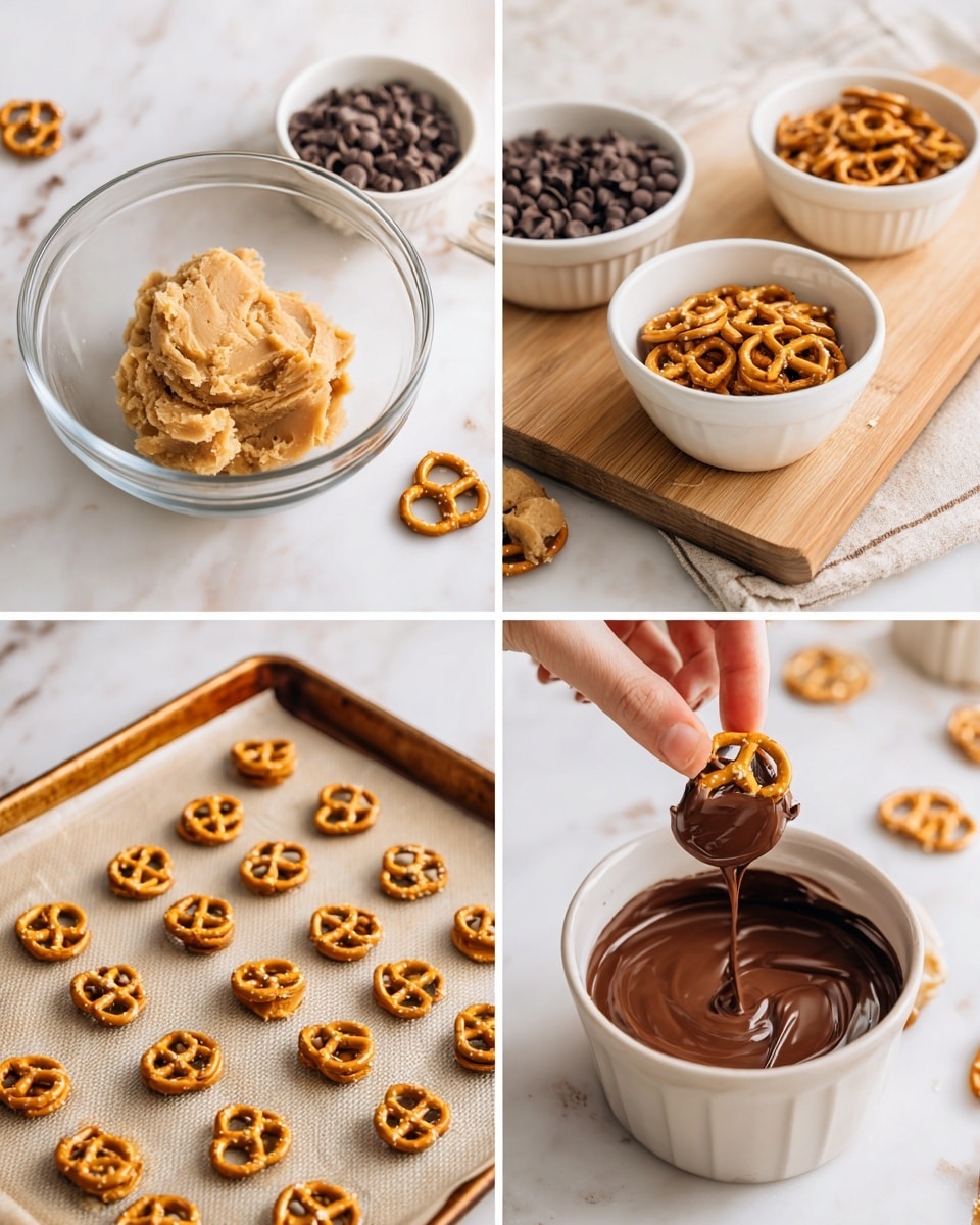The image shows four steps of making a snack. In the first part, there is a clear glass bowl with light tan cookie dough inside, placed on a white marbled surface, with two white bowls behind it filled with dark brown chocolate chips and golden pretzels. The second part shows small clusters made by placing a dollop of pale tan dough on top of small pretzels, arranged neatly on a wooden board. The third part displays many small pretzels spread out on a baking tray lined with white parchment paper, ready for baking or setting. The fourth part shows a white bowl filled with melted dark brown chocolate, with a woman's hand dipping one of the prepared pretzel snack pieces halfway into the chocolate. The background for all parts is a white marbled surface photo taken with an iphone --ar 4:5 --v 7