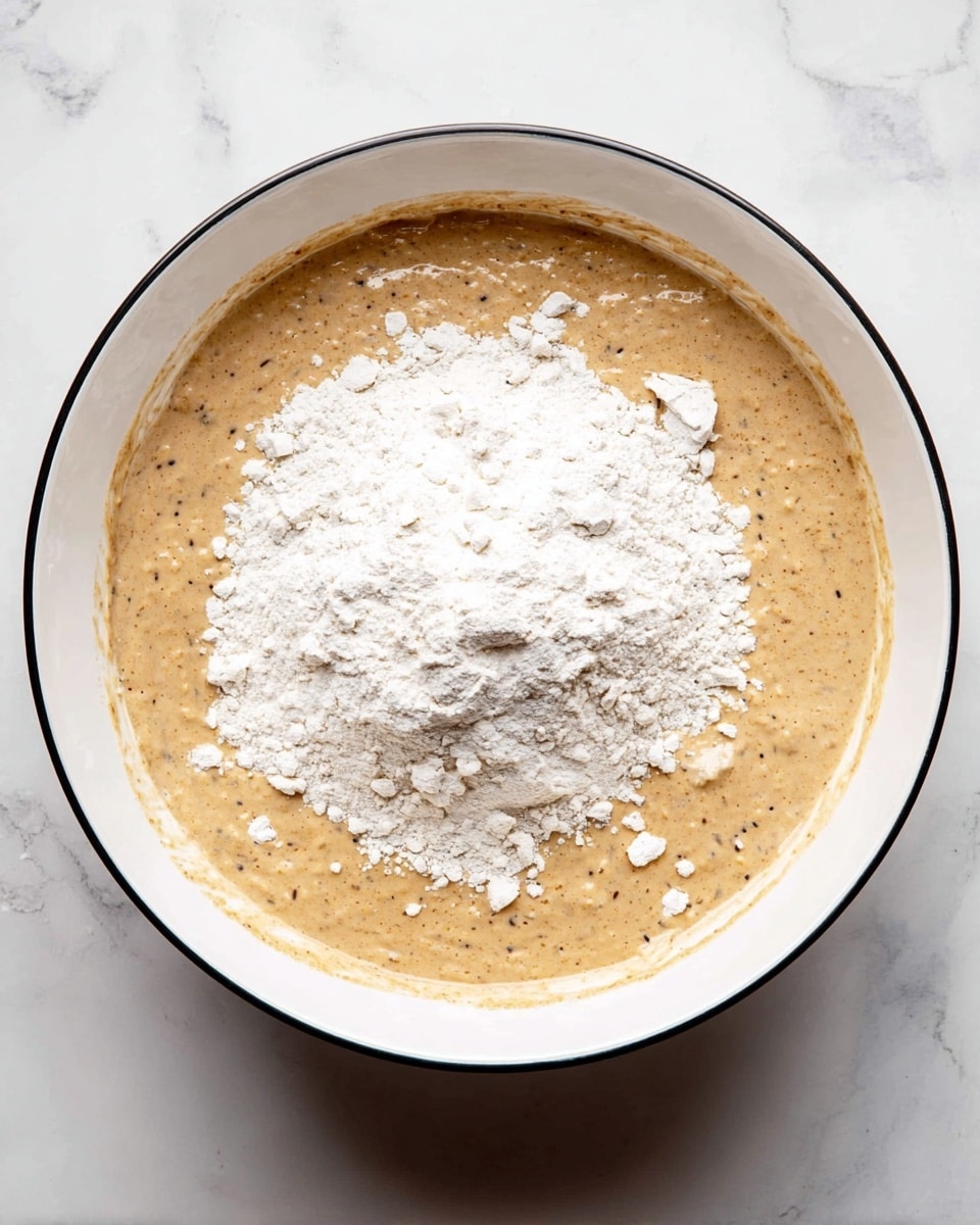 A white bowl with a thin black rim sits on a white marbled surface, filled with a wet, light brown batter with small dark specks visible throughout. On top of the batter is a mound of white flour, roughly spread across the center, with some flour scattered lightly around the edges. The batter looks smooth and slightly foamy, contrasting with the dry, powdery texture of the flour above it. photo taken with an iphone --ar 4:5 --v 7