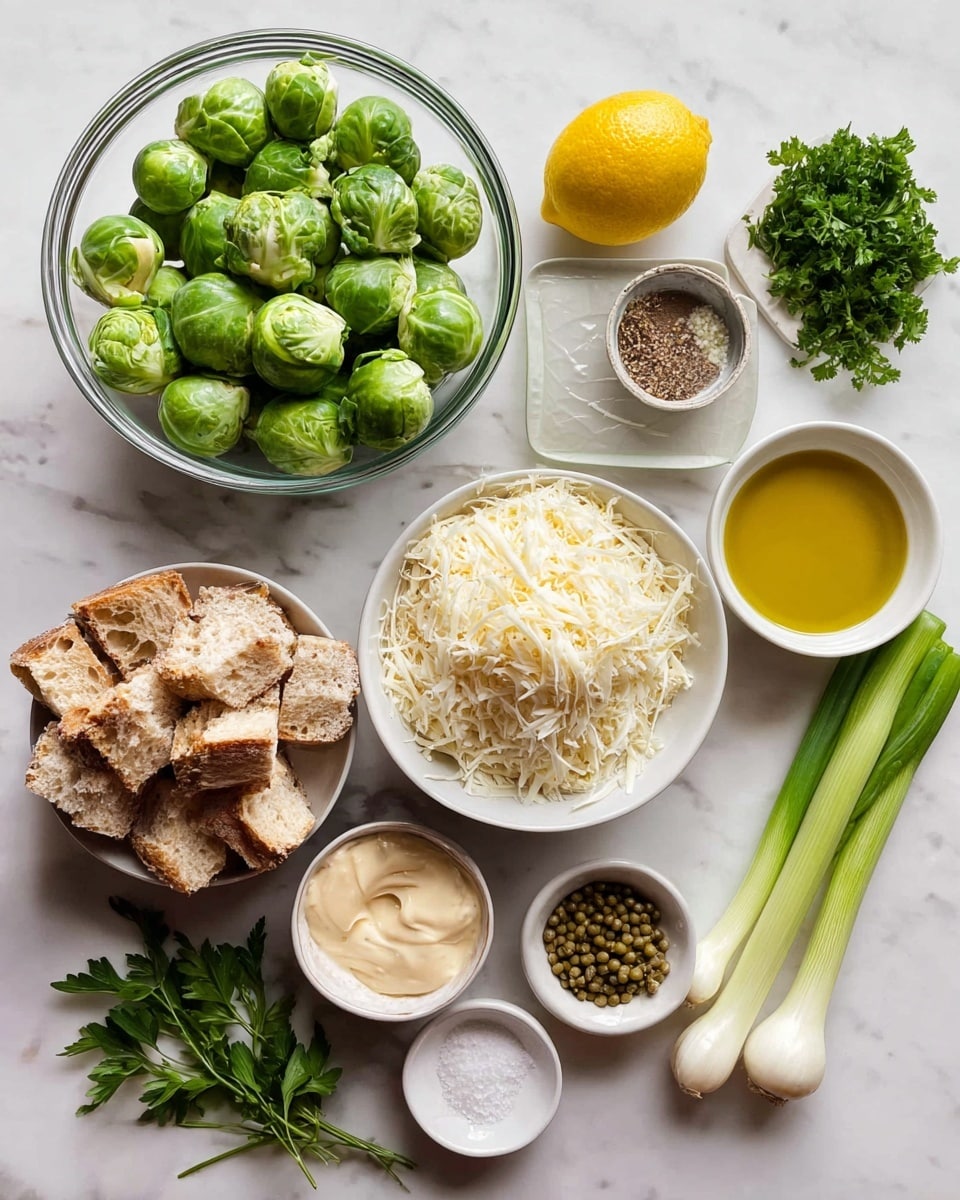 The image shows a top view of various fresh ingredients arranged on a white marbled surface. There is a large clear glass bowl filled with whole green Brussels sprouts on the left. Below it, a white bowl holds torn pieces of bread with a light brown crust and soft interior. Next to this, a silver bowl contains shredded white cheese. To the right, small white bowls hold minced garlic, capers, and a creamy beige sauce, along with a yellow lemon, a glass bowl with golden olive oil, and a small white bowl of salt and black pepper mixed. Fresh green herbs including parsley and two green onions lie on the right side. Photo taken with an iphone --ar 4:5 --v 7