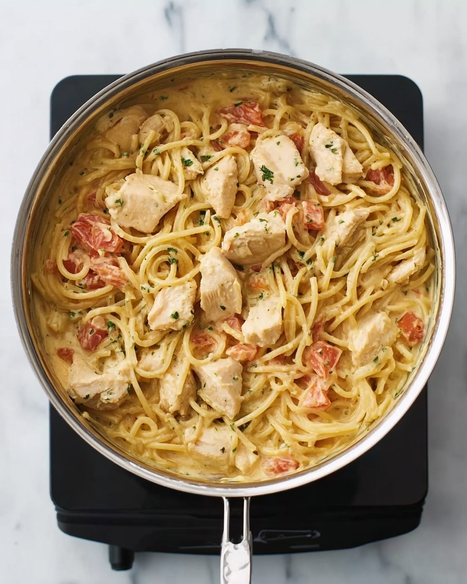 A pot of spaghetti pasta mixed with creamy sauce containing small chunks of red tomatoes and green herbs, with several larger pieces of white cooked chicken on top, sitting on a black electric burner against a white marbled surface. The sauce looks smooth and coats the noodles lightly, while the chicken pieces are thick and slightly textured. photo taken with an iphone --ar 4:5 --v 7