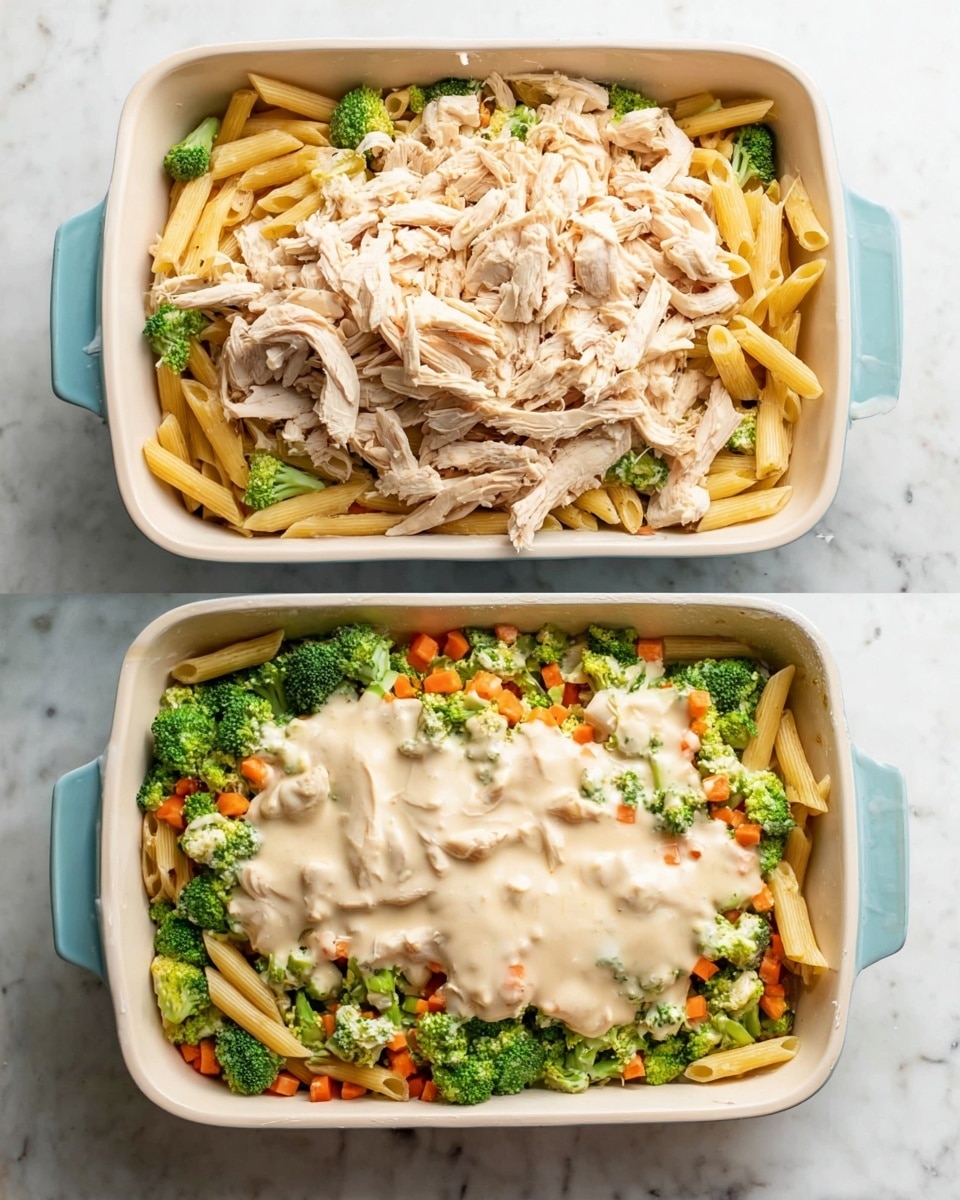 In a white rectangular baking dish with light blue handles, the bottom layer consists of light yellow penne pasta mixed with bright green broccoli florets scattered throughout. On top of this pasta and broccoli layer, there is a pile of shredded white chicken placed mostly on one side. Small diced mixed vegetables in orange, yellow, green, and white colors are sprinkled around and over the chicken and broccoli, adding a pop of color. In the second image, a thick, light cream-colored sauce covers the shredded chicken and some of the vegetables, spreading unevenly across the top while still allowing parts of the pasta and broccoli to be visible around the edges. The dish sits on a white marbled textured surface. Photo taken with an iphone --ar 4:5 --v 7