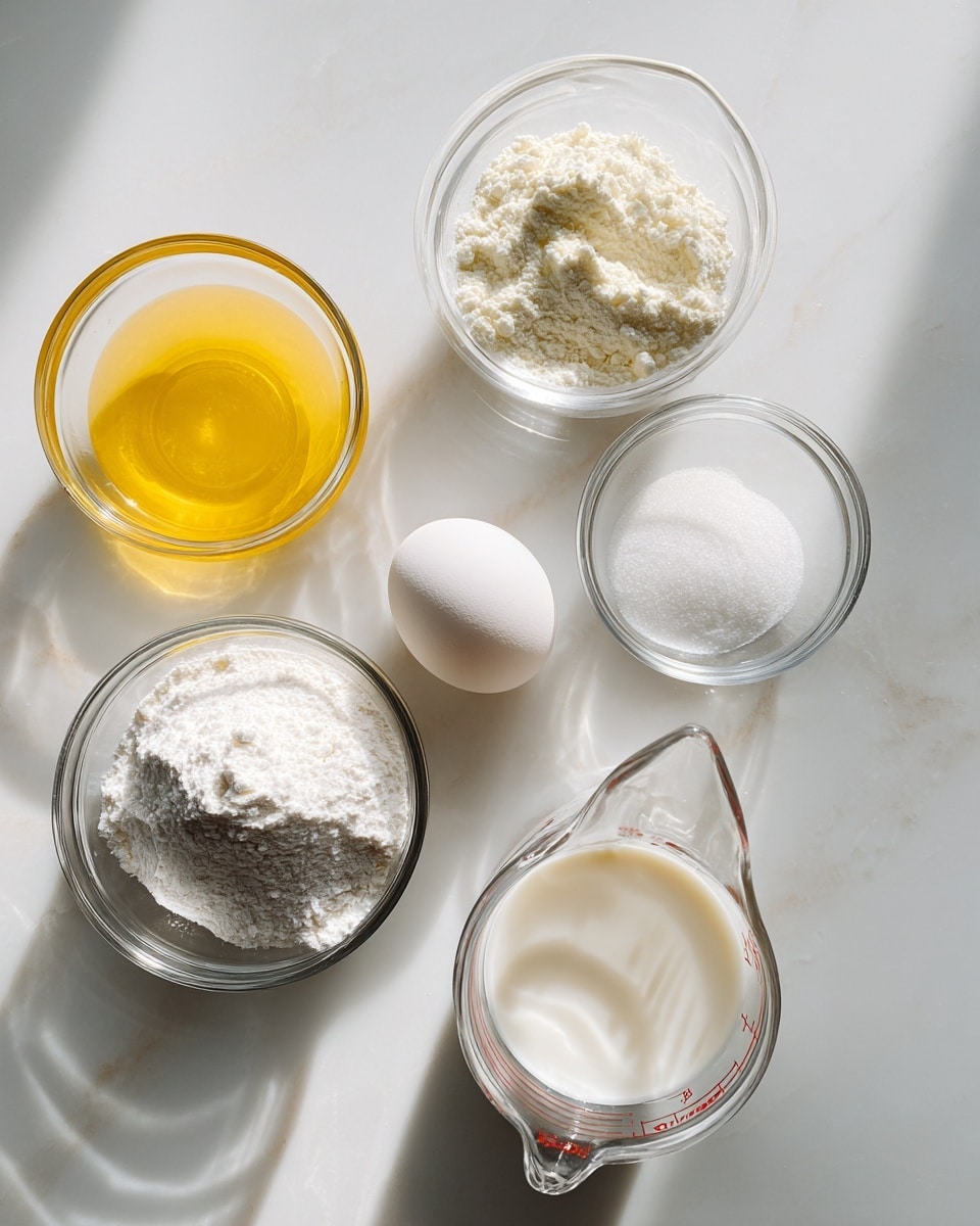 A top view of several small clear glass bowls and a measuring cup arranged on a white marbled surface. The bowls hold different white powders, including flour and sugar, a small amount of yellow melted butter, and a transparent liquid. One clear measuring cup contains white milk, while a white egg is placed near the bowls. The light shines softly, casting faint shadows around the items. photo taken with an iphone --ar 4:5 --v 7
