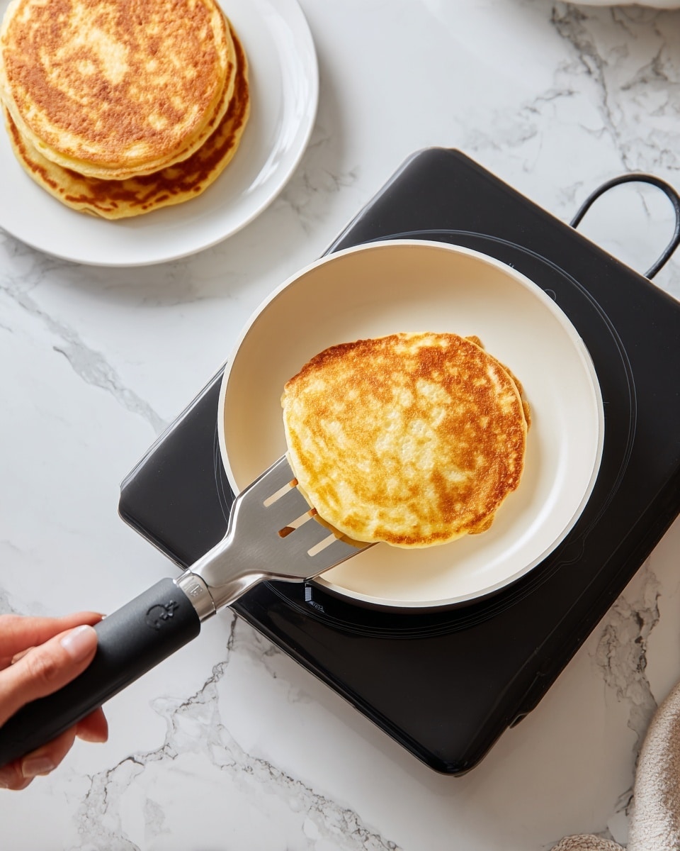 The image shows a white frying pan on a black induction cooktop with a small, light yellow pancake cooking in the center. A spatula with a silver blade and a black handle is gently lifting the pancake from the pan. To the left, there is a white plate with two golden brown cooked pancakes stacked. The background is a white marbled surface, and a woman's hand is holding the spatula. Photo taken with an iphone --ar 4:5 --v 7