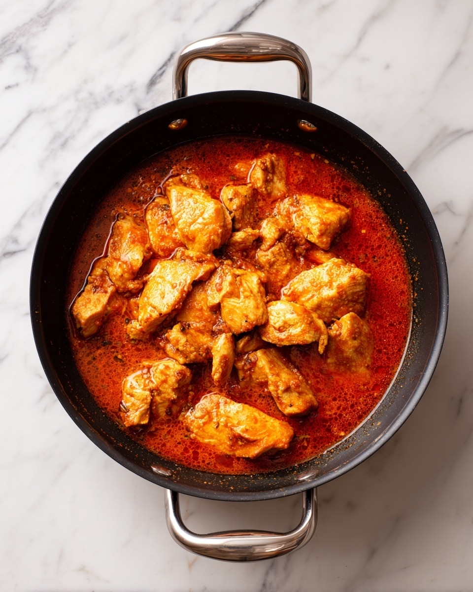 The image shows a black pan with a silver handle on each side, sitting on a white marbled surface. Inside the pan, there are several pieces of golden-orange cooked chicken, each piece irregular in shape and lying flat in a bright red sauce that covers the pan’s bottom. Steam rises gently from the pan, giving a fresh, hot feeling. The texture of the chicken looks smooth and slightly shiny from the sauce, which appears thick and rich. Photo taken with an iphone --ar 4:5 --v 7