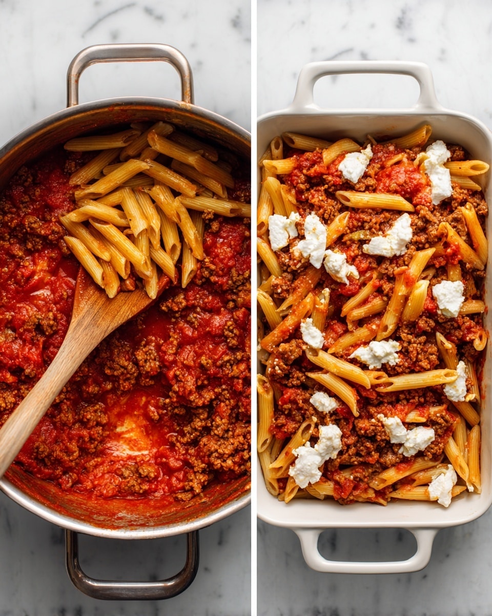 The image on the left shows a metal pot filled with bright red tomato sauce. In the sauce, there is brown cooked ground meat and yellow cooked penne pasta being stirred with a wooden spoon. The wooden spoon rests inside the pot, lifting some pasta and meat above the sauce. The pot is on a white marbled surface. The image on the right shows a white rectangular baking dish with handles, filled with cooked penne pasta mixed with red tomato sauce and brown cooked ground meat. On top, there are scattered clumps of white ricotta cheese. The baking dish is also placed on a white marbled surface. Photo taken with an iphone --ar 4:5 --v 7