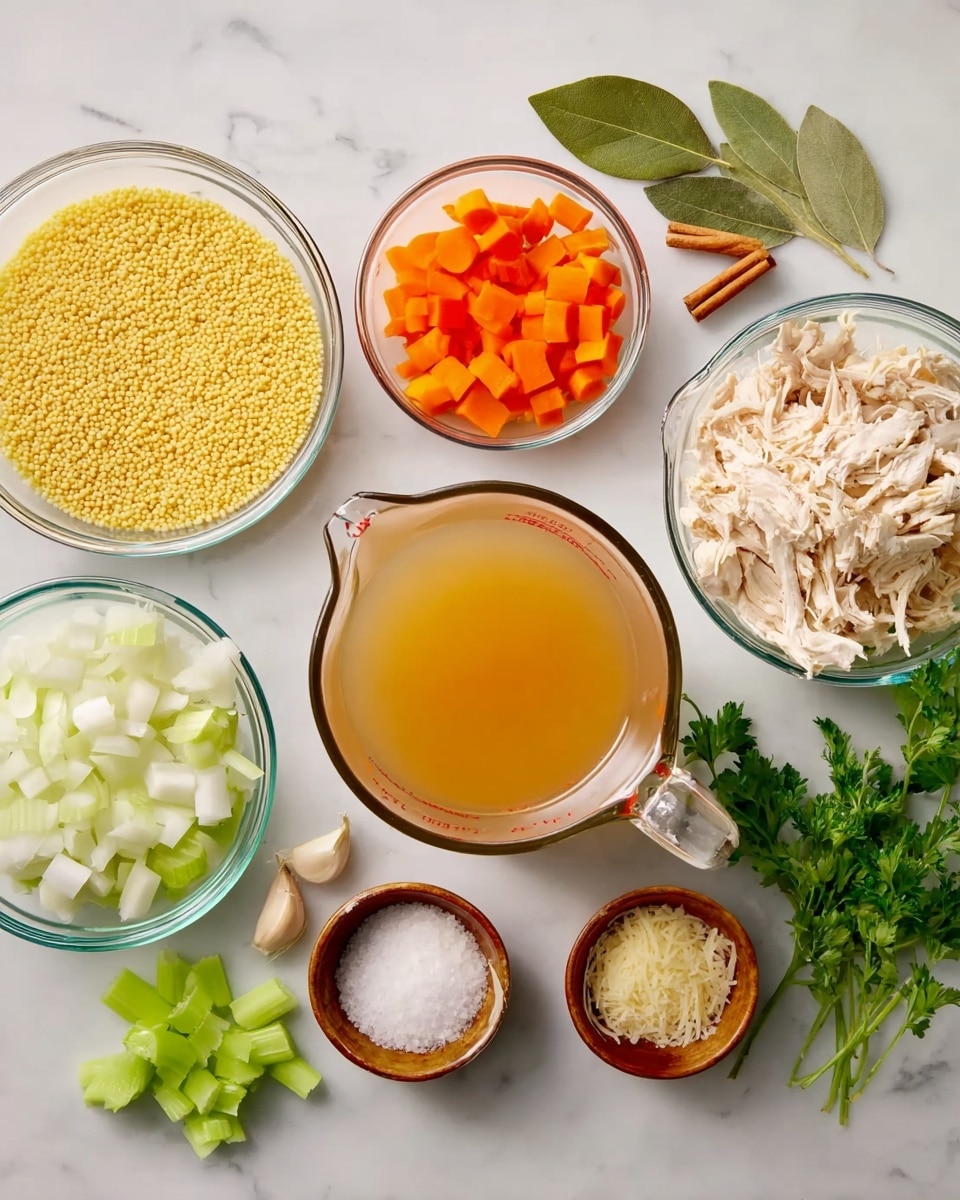 The image shows several clear glass bowls and small dishes arranged on a white marbled surface, each holding different food ingredients. One bowl contains yellow couscous grains, another has chopped orange carrots, a larger bowl with diced white onions, and a medium bowl filled with shredded cooked chicken. There is a clear glass measuring jug with light brown chicken broth to the right. Small dishes hold peeled garlic cloves, a cinnamon stick, and salt. Fresh green celery pieces are in another small bowl, and a small bowl of grated cheese sits near fresh green parsley and bay leaf sprigs placed on the surface. The colors and textures are clear and vivid, arranged neatly and well-lit. photo taken with an iphone --ar 4:5 --v 7