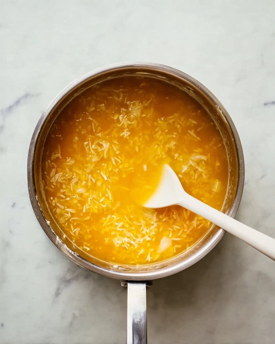A top view of a metal pot filled with orange-yellow soup that has small grains and shredded white pieces floating inside. There is light steam coming off the surface. A white spatula with a smooth texture is placed inside the pot, stirring the soup. The pot sits on a white marbled surface with soft gray veins showing through. photo taken with an iphone --ar 4:5 --v 7