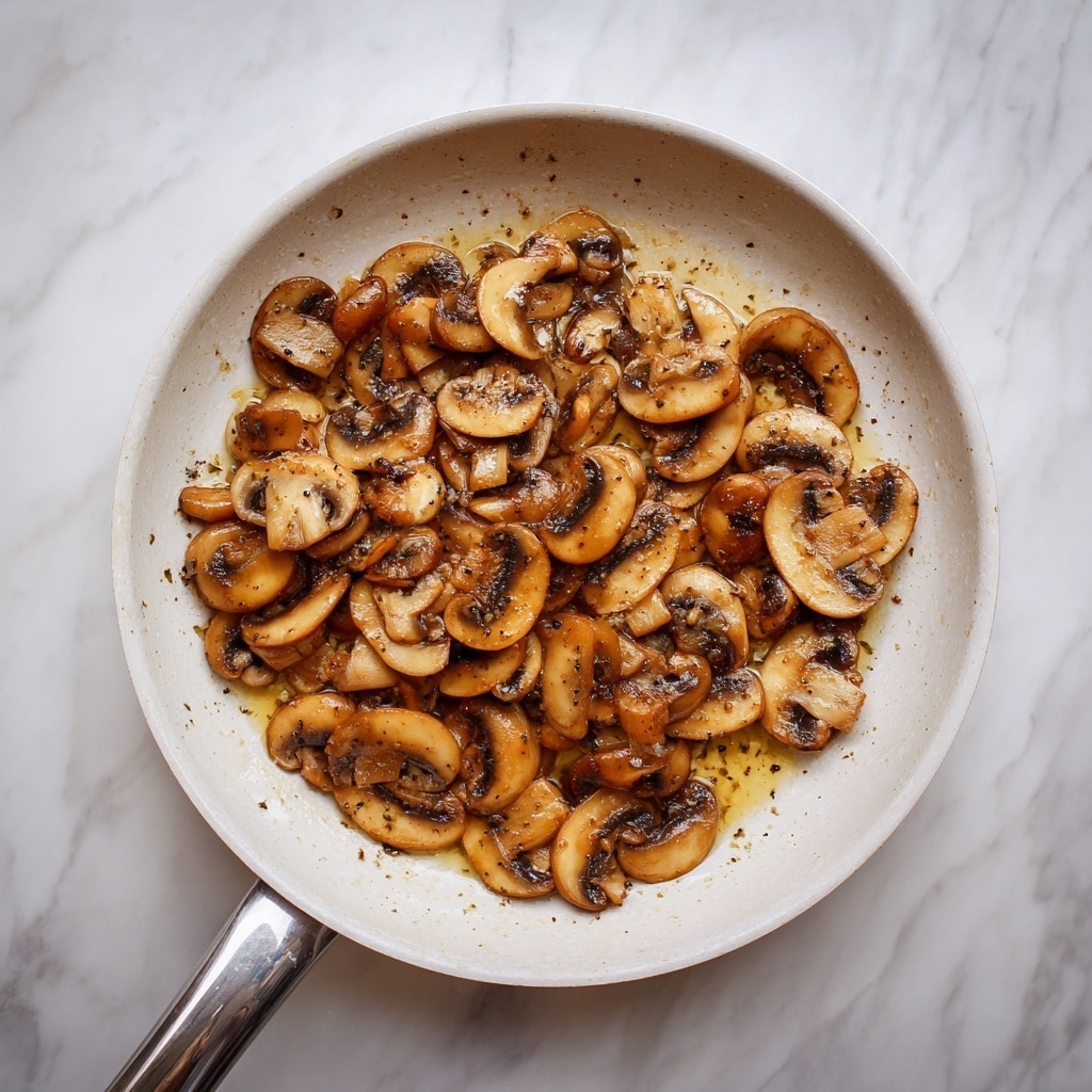 A white metal pan filled with one layer of cooked sliced mushrooms, showing a browned, slightly shiny texture with oil and small bits making it look well cooked and tender. The pan is placed on a white marbled surface. photo taken with an iphone --ar 4:5 --v 7