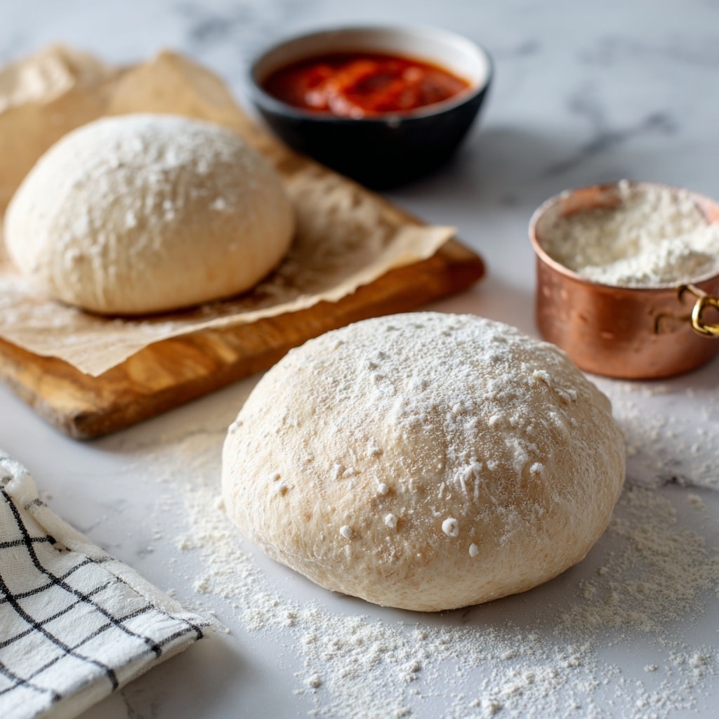 Two light beige dough balls dusted lightly with white flour sit on a white marbled surface. The front dough ball is round and smooth with small dimples and a slight shine. Behind it is another dough ball on a wooden board lined with parchment paper. To the right, a worn copper measuring cup filled with flour and a black bowl with red tomato sauce are visible. A white cloth with a black grid pattern is partially seen at the bottom left corner. The scene looks bright and clean. photo taken with an iphone --ar 4:5 --v 7